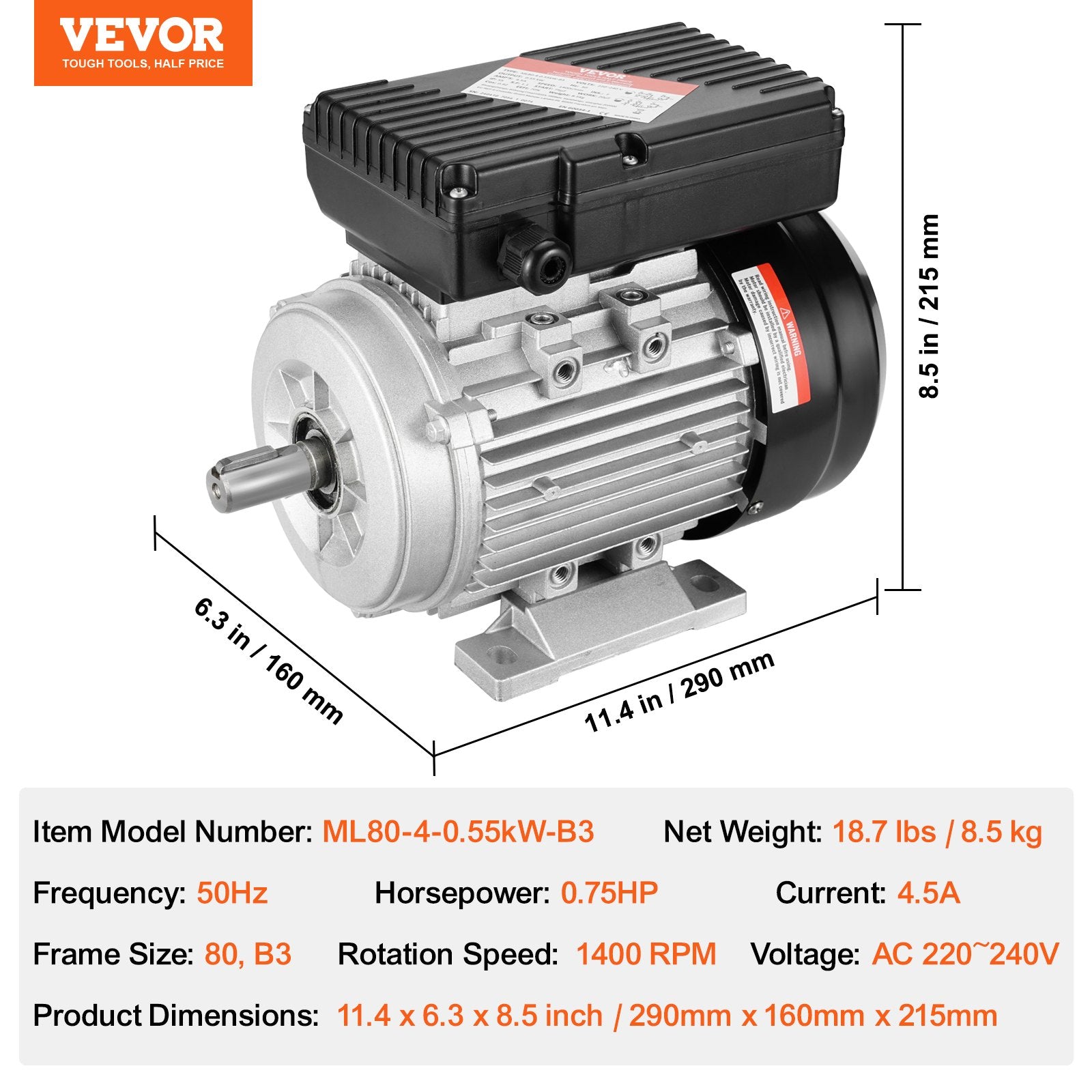 Elektrinis variklis VEVOR ML80-4-0.55kW-B3, 0.55 kW