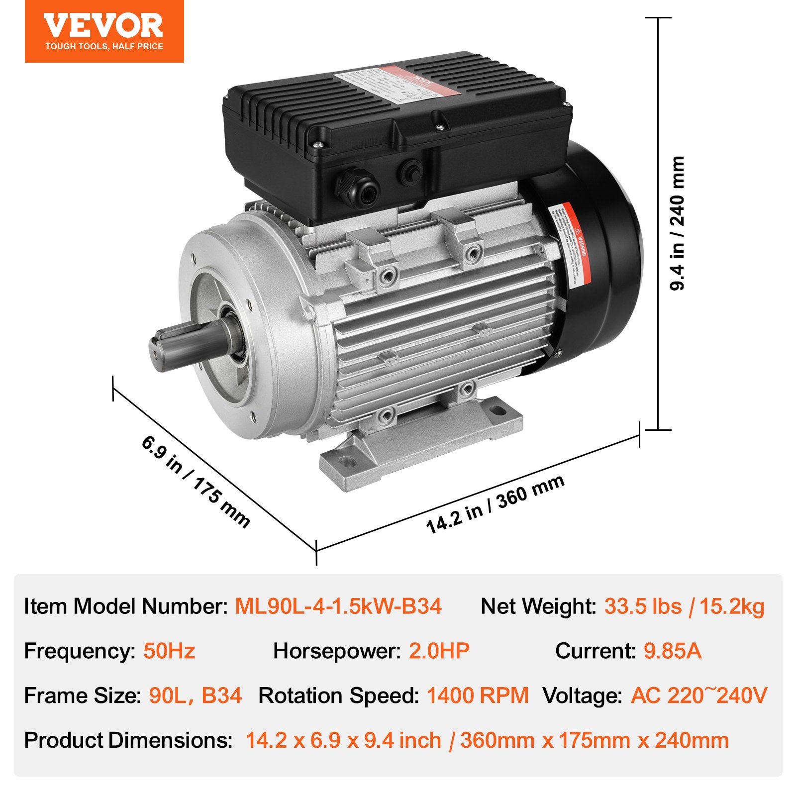 Elektrinis variklis VEVOR ML90L-4-1.5kW-B34, 1.5 kW