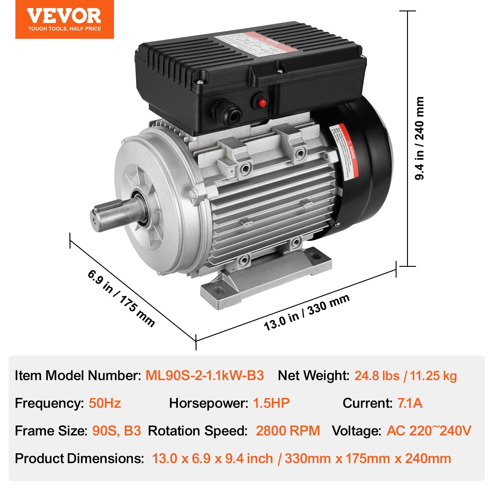 Elektrinis variklis VEVOR ML90S-2-1.1kW-B3, 1.1 kW
