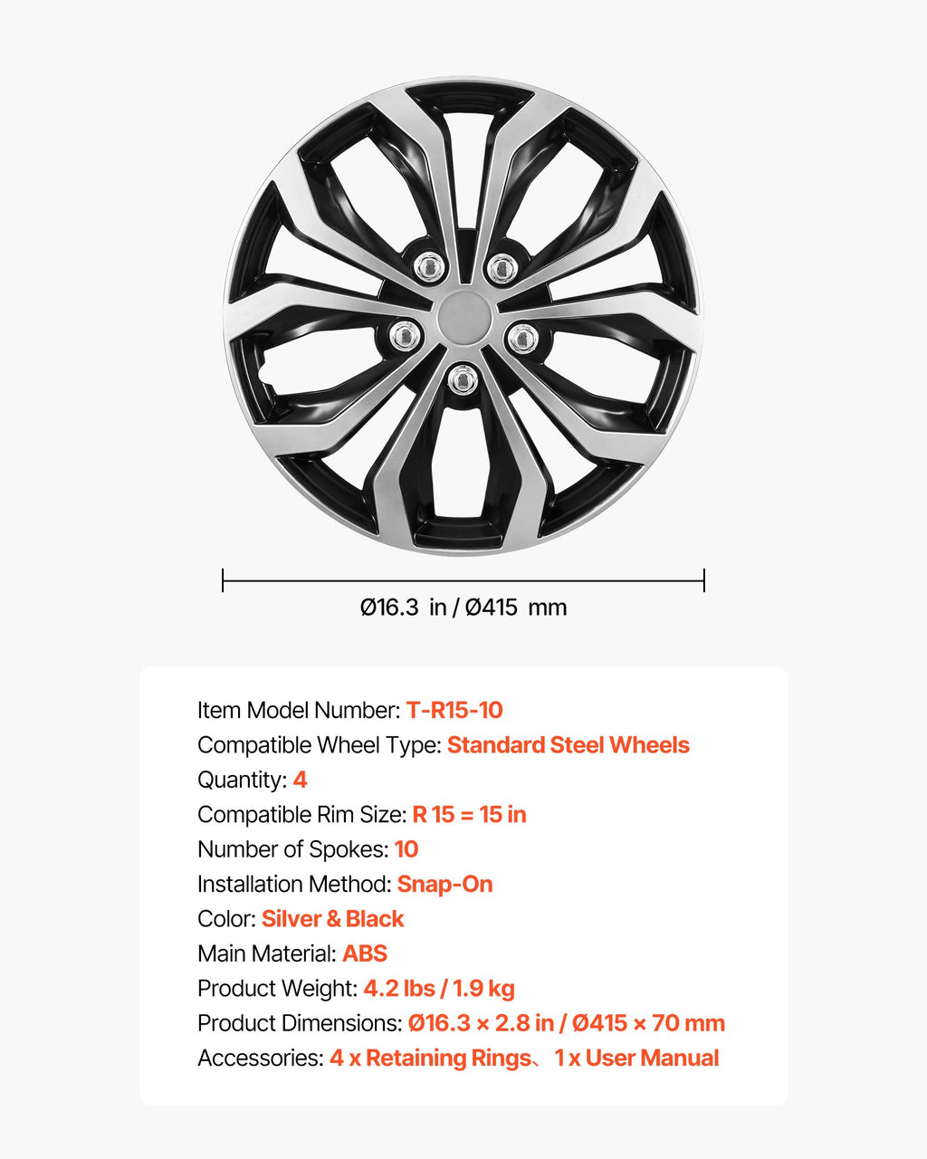 Automobilio ratų gaubtai VEVOR T-R15-10, 15 colių, 4 vnt.