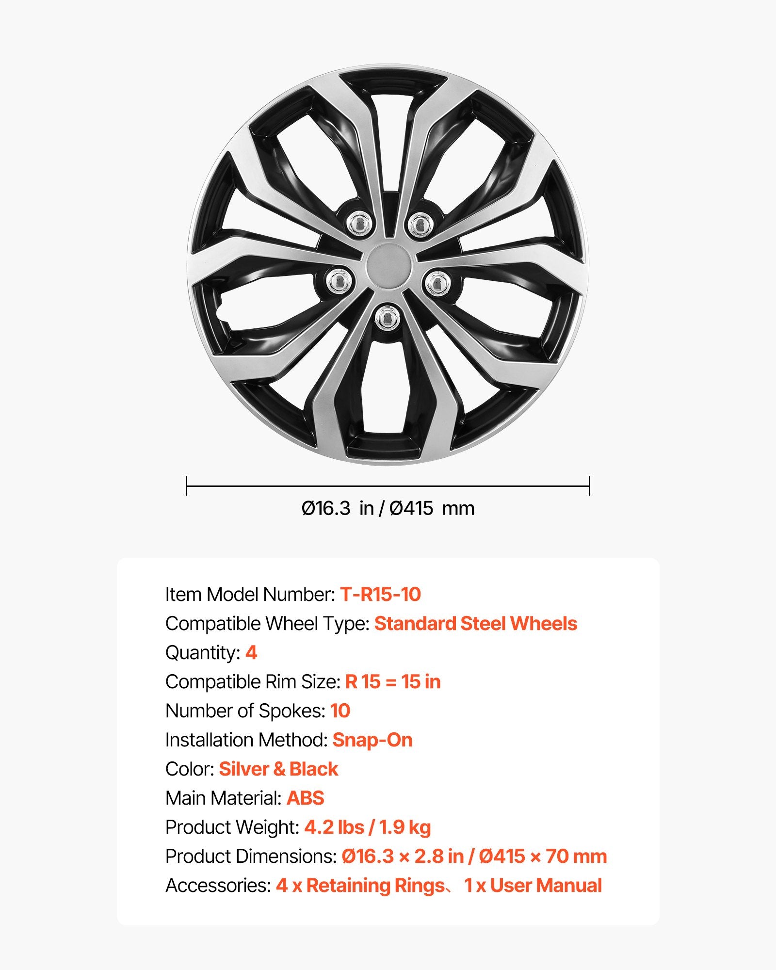 Automobilio ratų gaubtai VEVOR T-R15-10, 15 colių, 4 vnt.