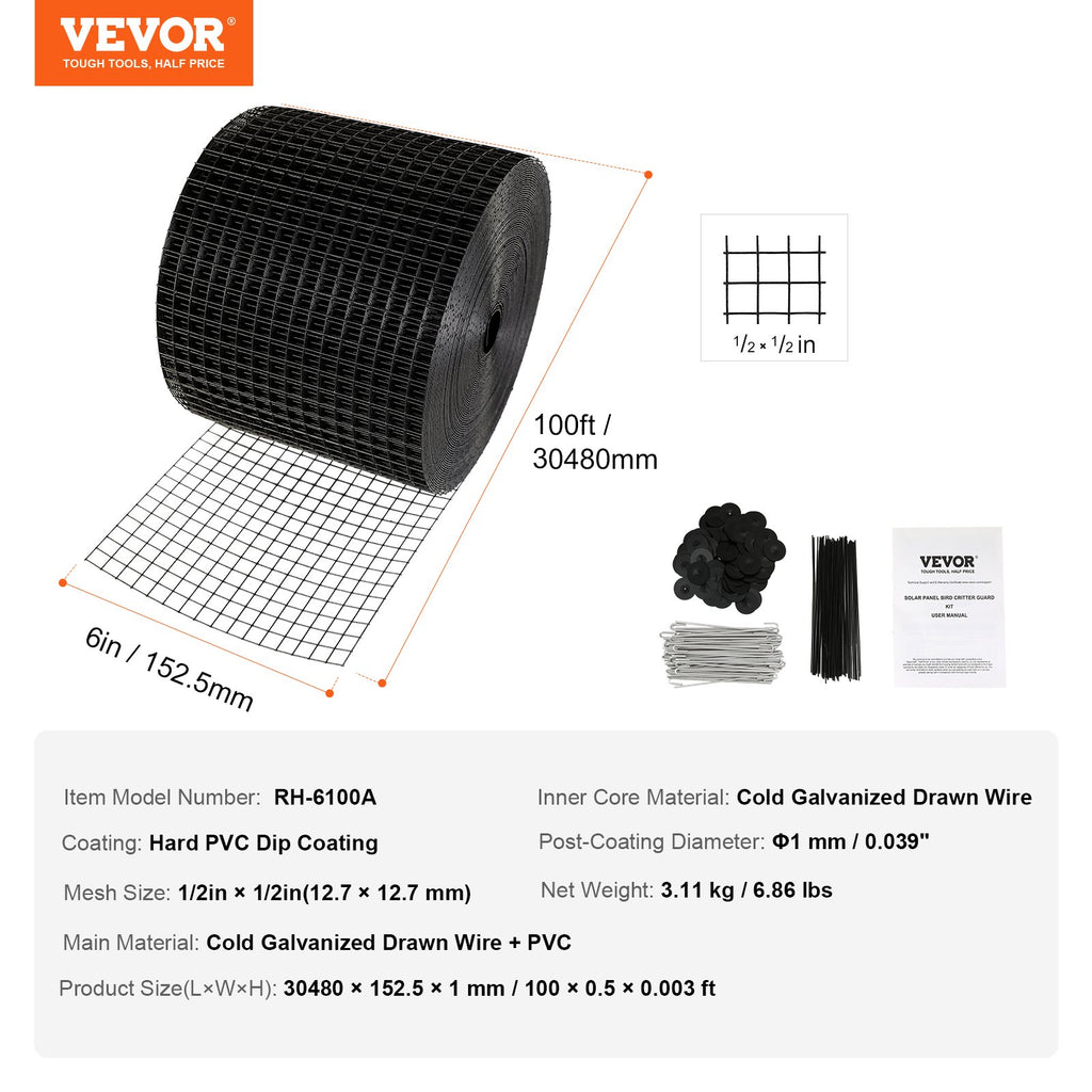 Apsauginis tinklas nuo paukščių saulės moduliams VEVOR RH-6100A, 15,24 cm x 30,48 m