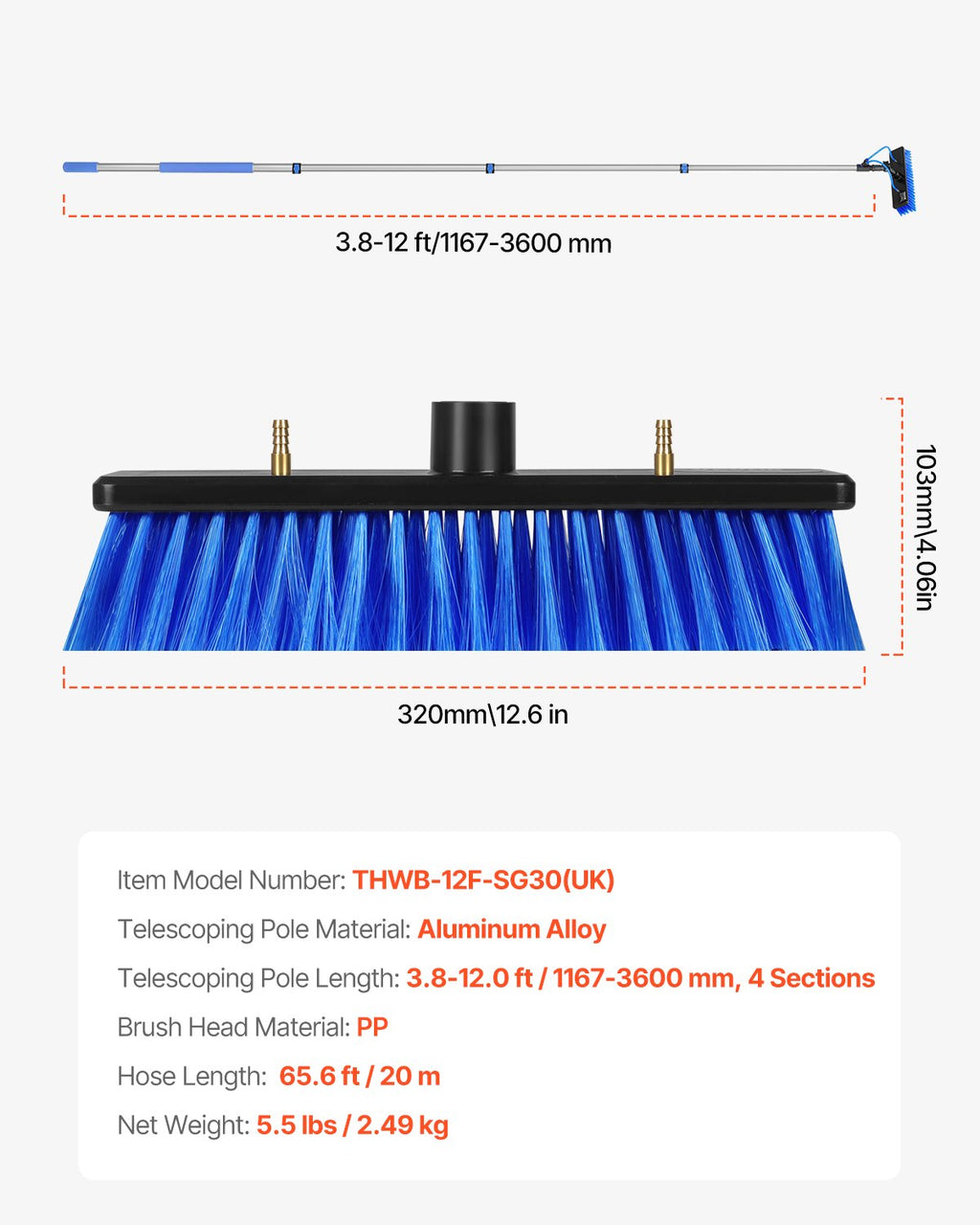 Saulės baterijų ir langų valymo rinkinys VEVOR THWB-12F-SG30, 3,6 m