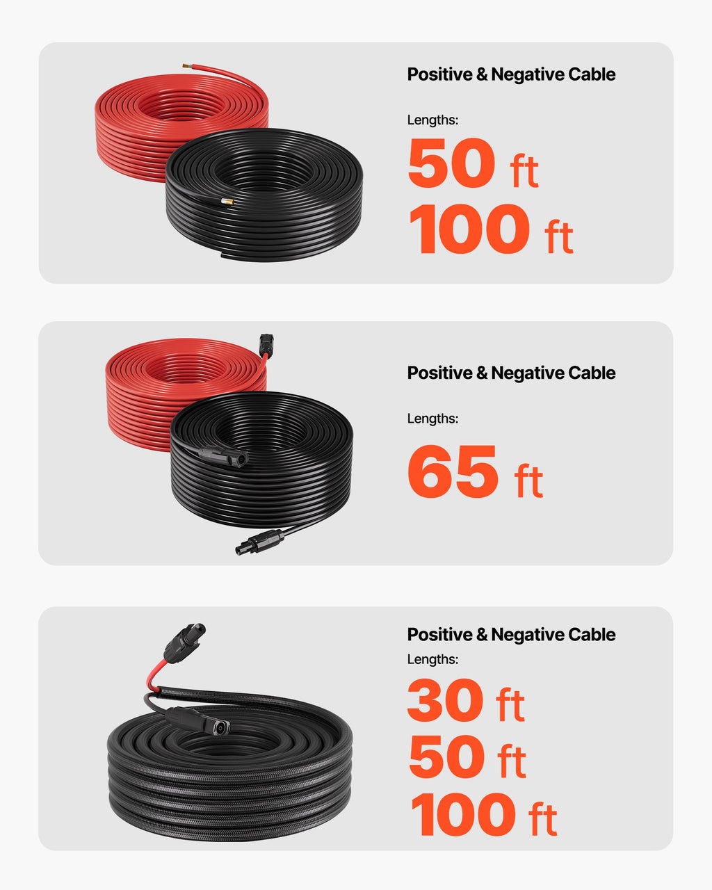 Saulės baterijų laidų rinkinys VEVOR 10AWG-Red/Black-L=15.2M, 15,24 m, 6 mm²