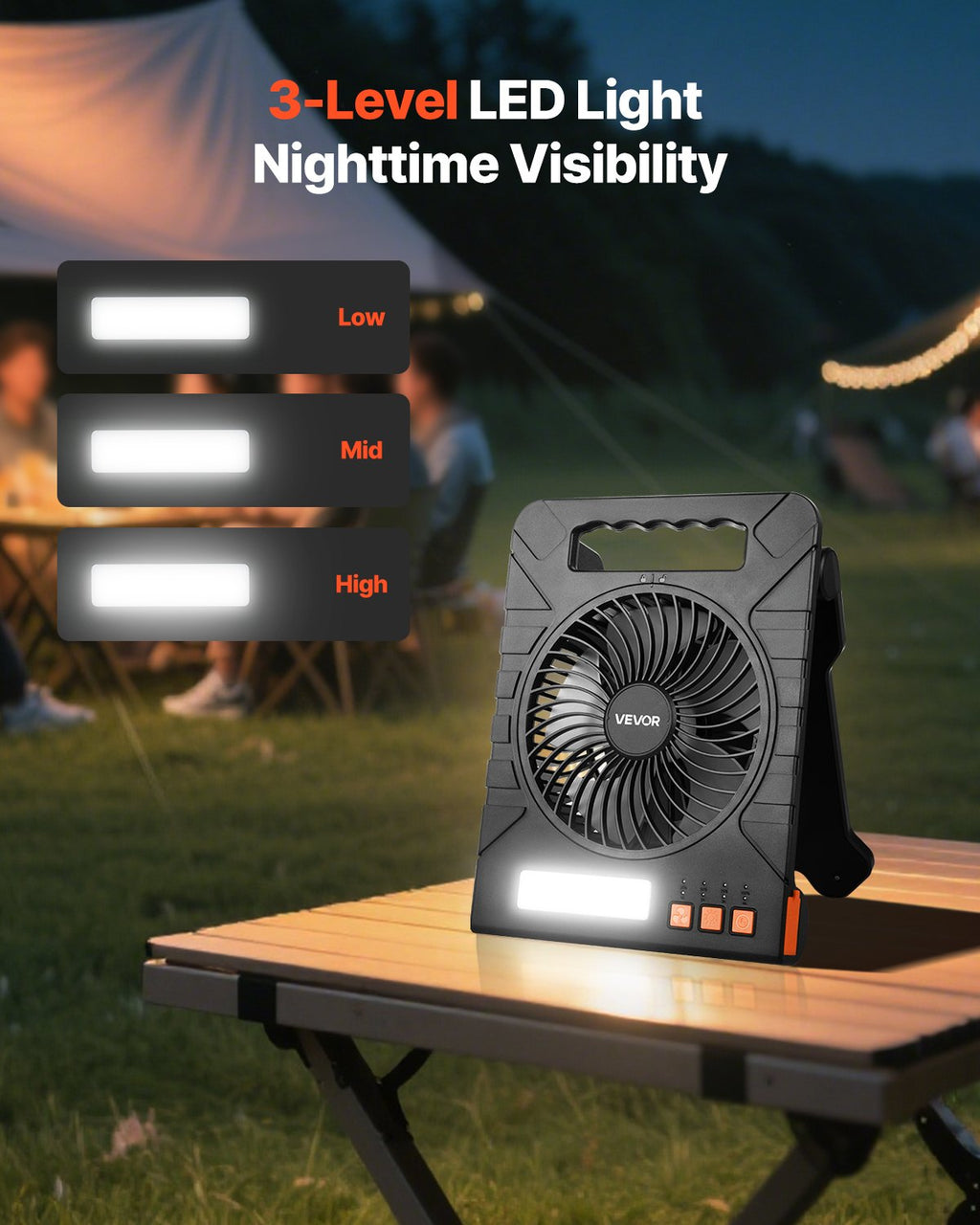 Įkraunamas saulės energijos ventiliatorius VEVOR F907, 10000 mAh
