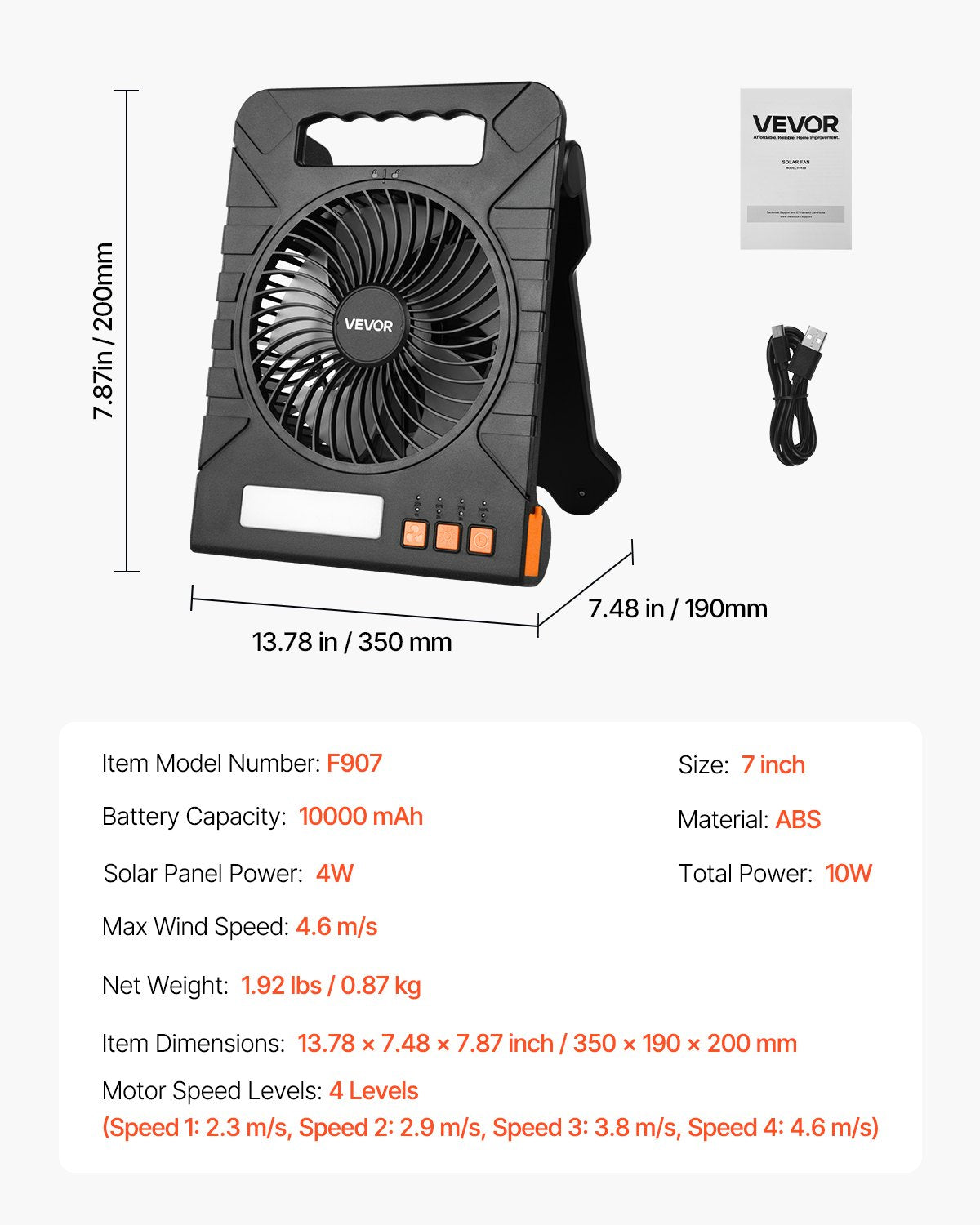 Įkraunamas saulės energijos ventiliatorius VEVOR F907, 10000 mAh