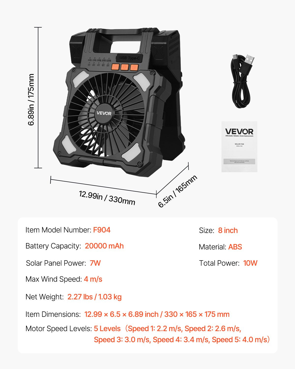 Įkraunamas saulės energijos ventiliatorius VEVOR F904, 20000 mAh