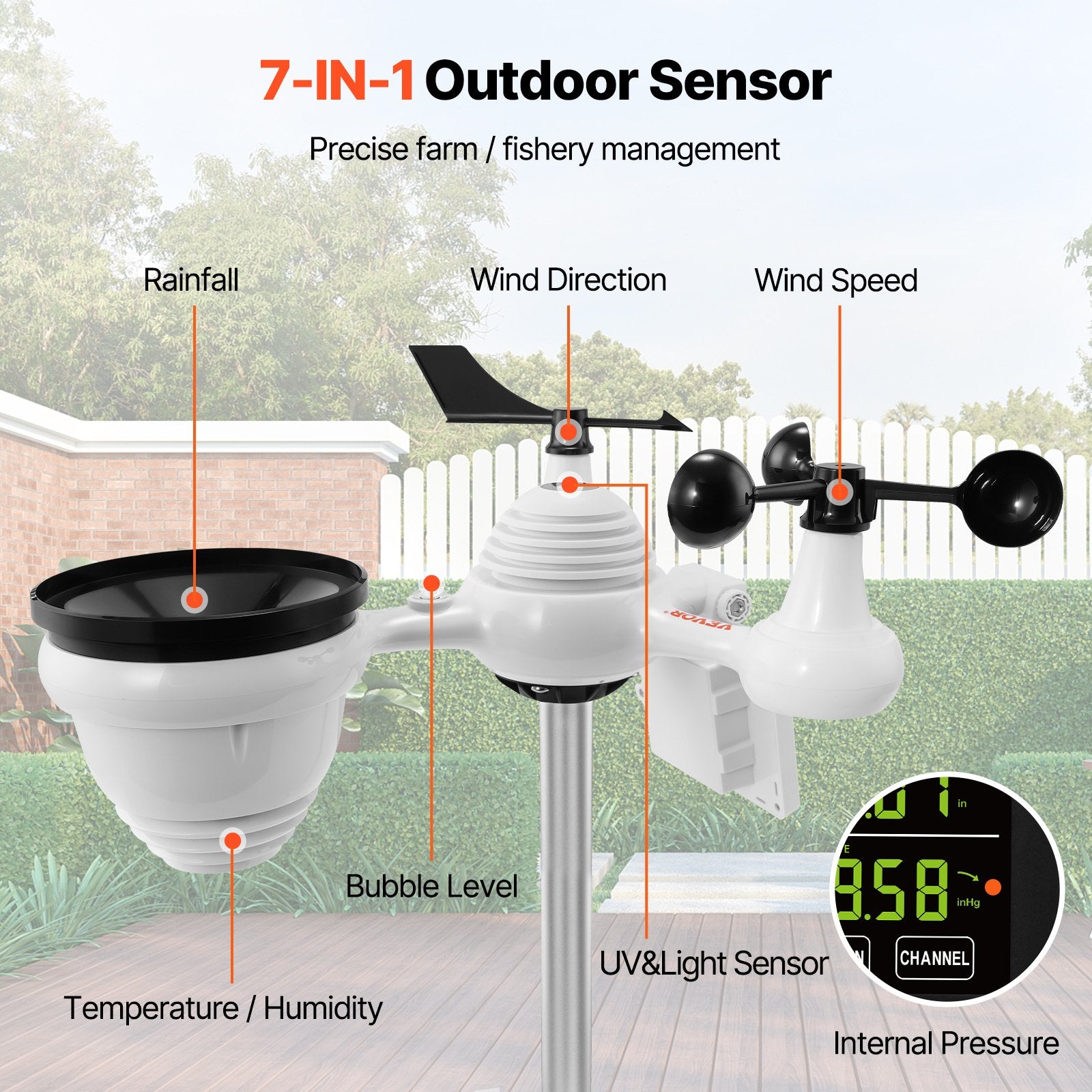 Wi-Fi meteorologinė stotelė VEVOR YT60234, 7-in-1 jutiklis
