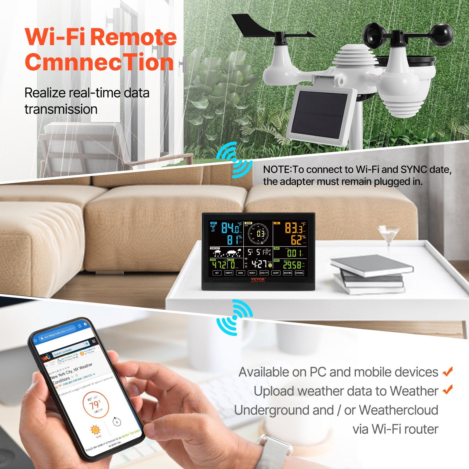 Wi-Fi meteorologinė stotelė VEVOR YT60234, 7-in-1 jutiklis
