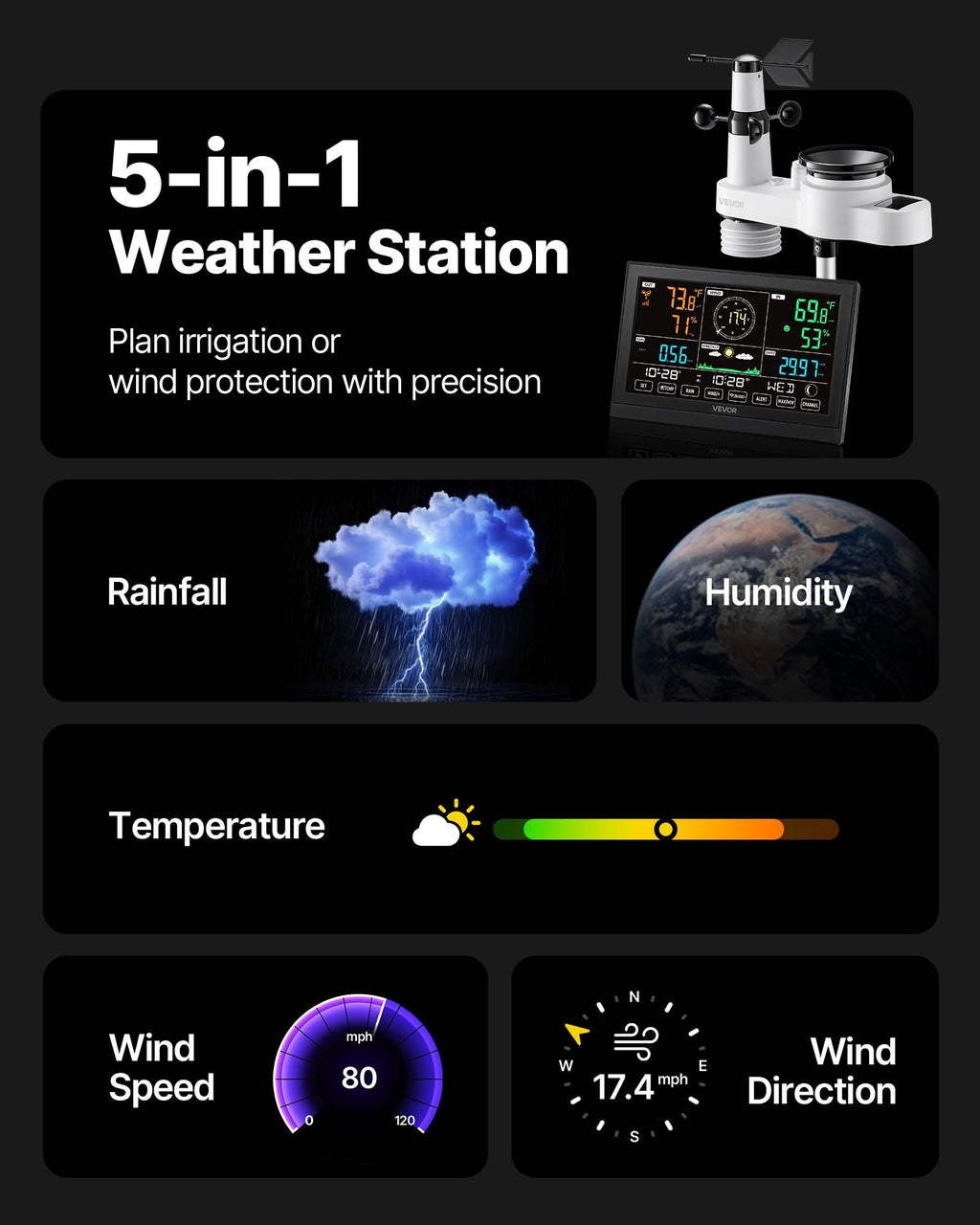 Meteorologinė stotelė VEVOR YT60308, 5-in-1 su Wi-Fi