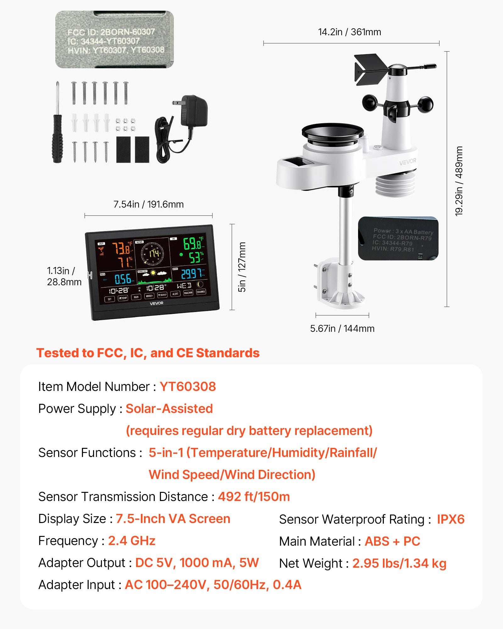 Meteorologinė stotelė VEVOR YT60308, 5-in-1 su Wi-Fi