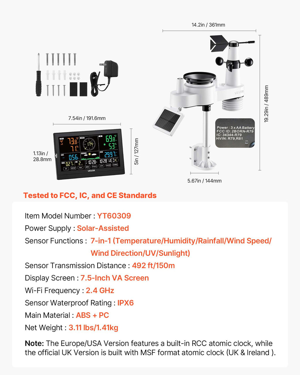 Belaidė meteorologinė stotelė VEVOR YT60309, 7,5 colių VA ekranas