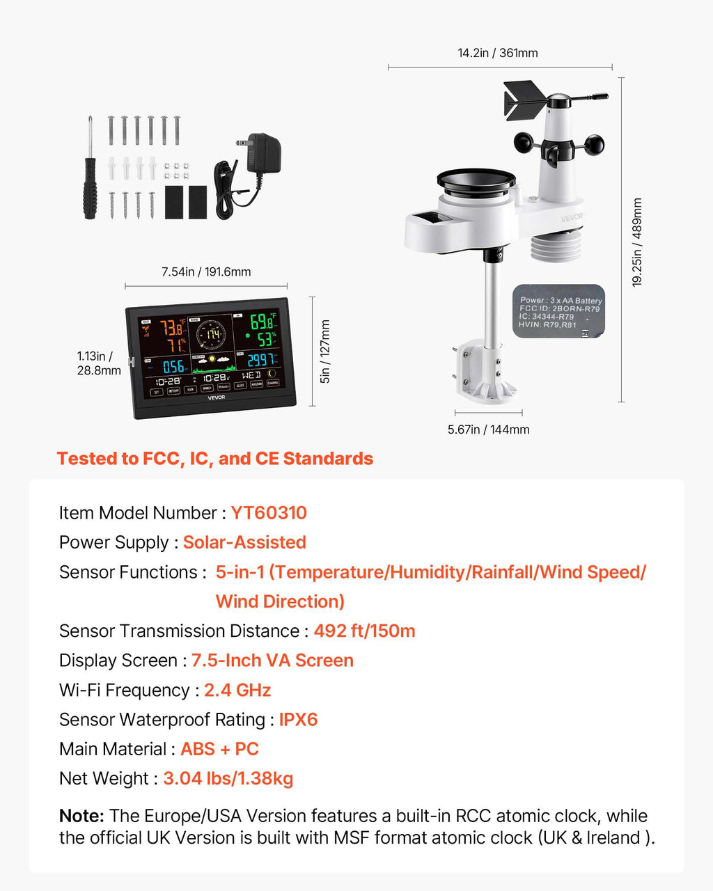 Belaidė meteorologinė stotelė VEVOR YT60310, 5-in-1 jutiklis