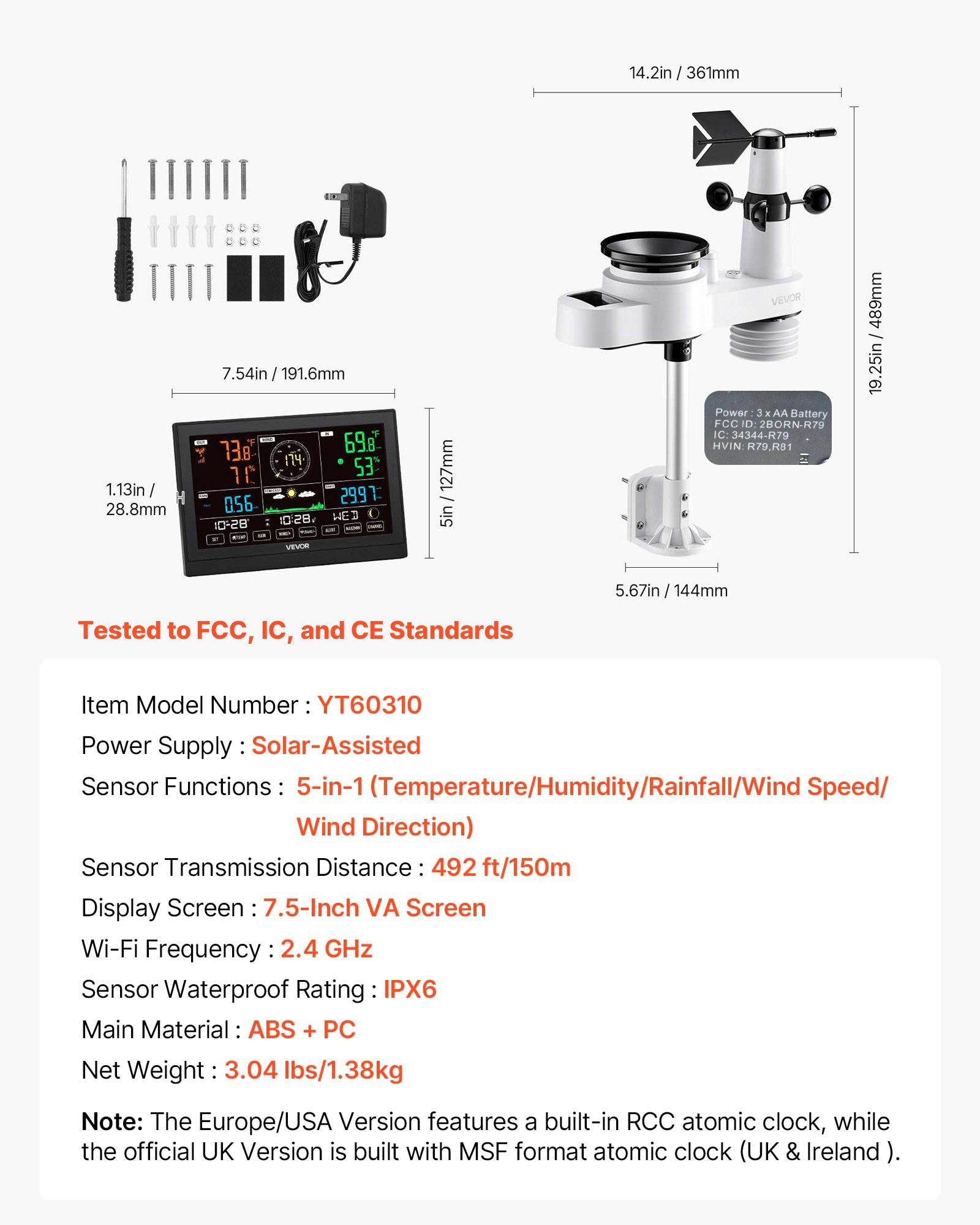Belaidė meteorologinė stotelė VEVOR YT60310, 5-in-1 jutiklis