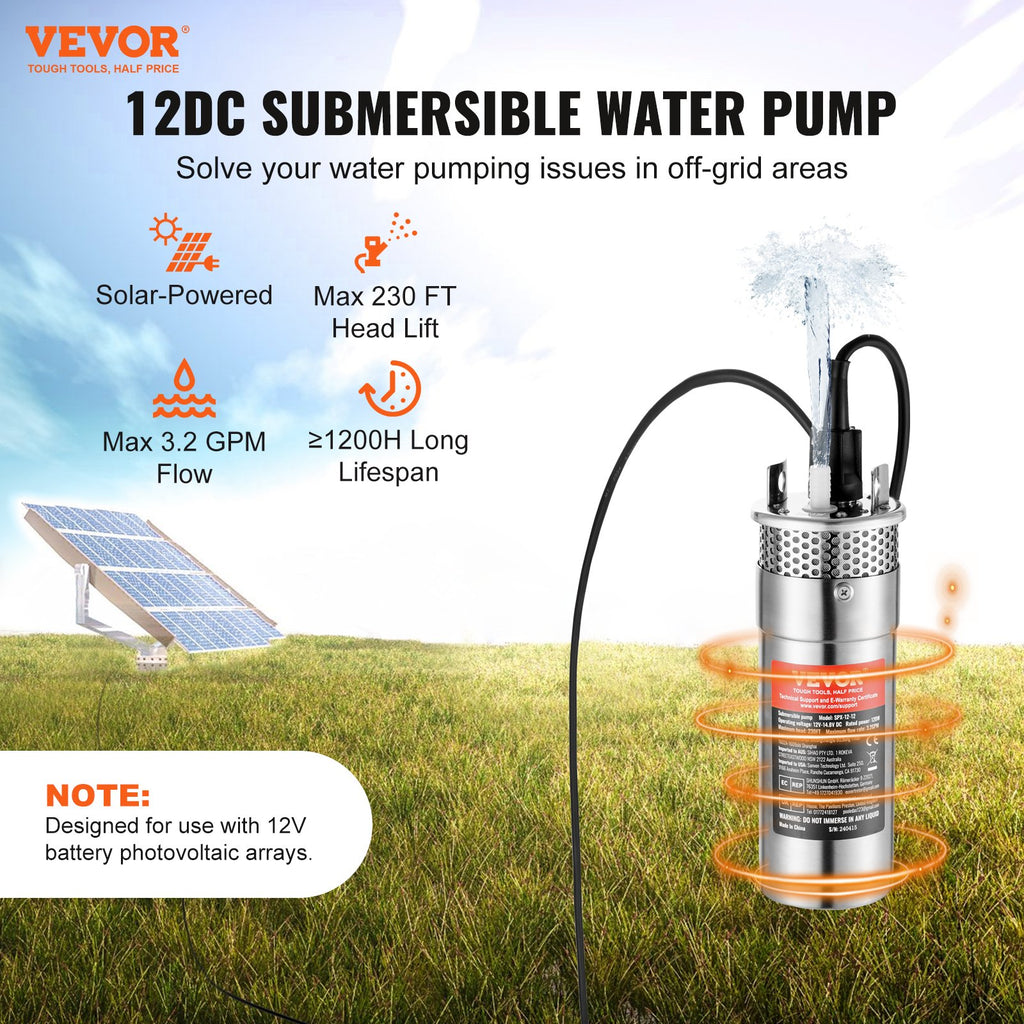 Saulės energija varomas vandens siurblys VEVOR SPX-12V, 120W
