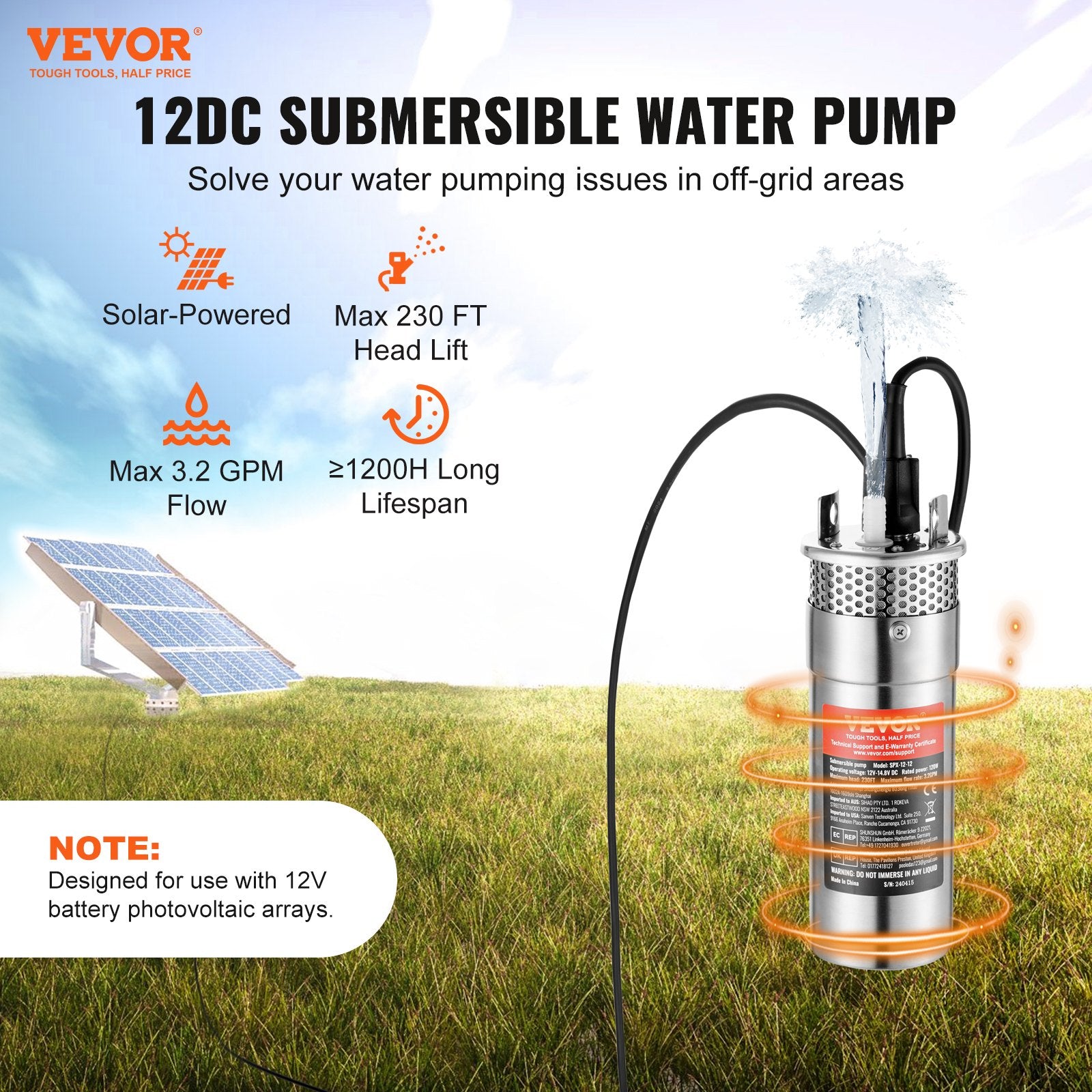 Saulės energija varomas vandens siurblys VEVOR SPX-12V, 120W