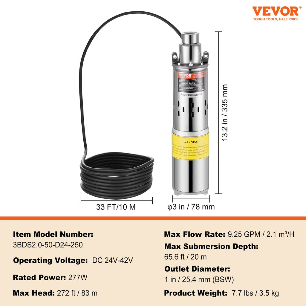 Saulinis vandens siurblys VEVOR 3BDS2.0-50-D24-250, 277W