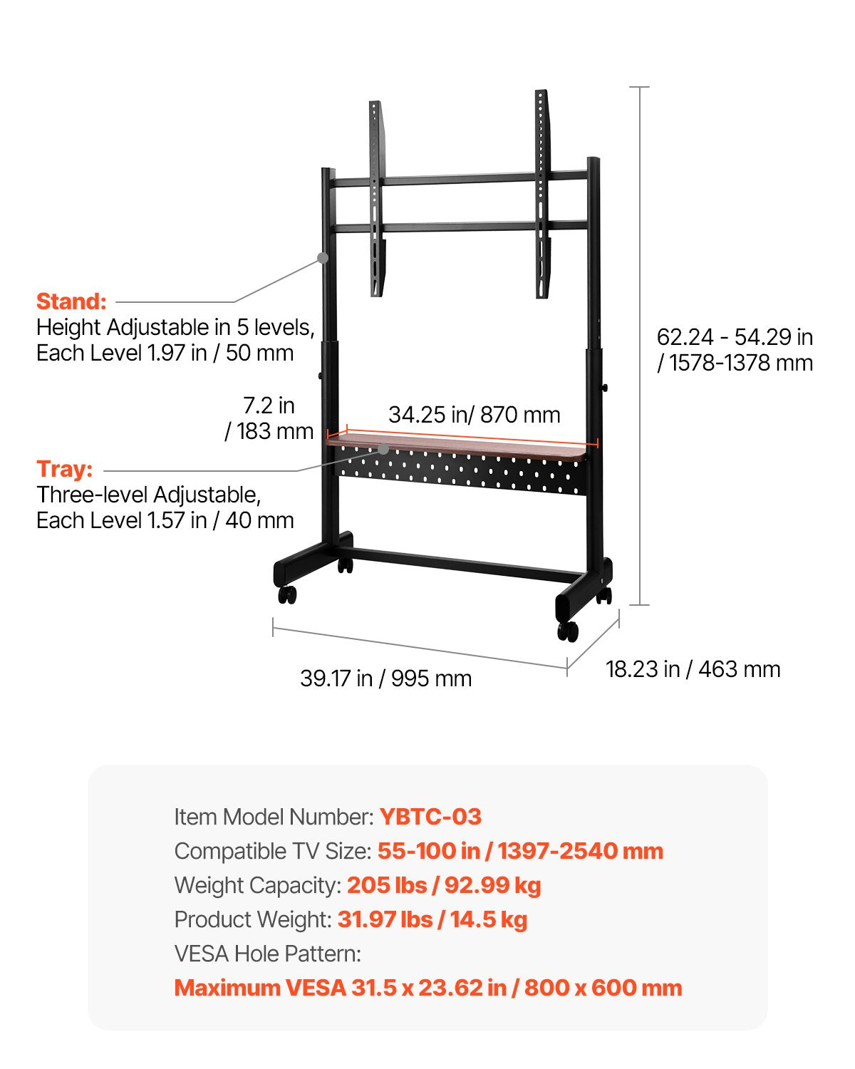 Mobilus TV stovas VEVOR YBTC-03, 55–100 colių ekranams