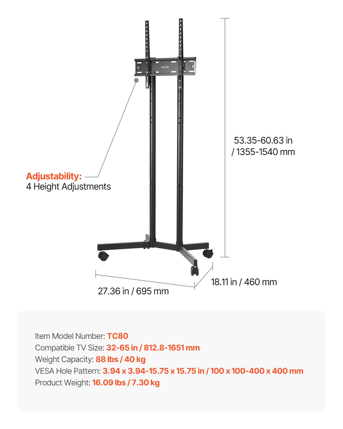 Mobilus televizoriaus stovas VEVOR TC80, 32–65 colių ekranams