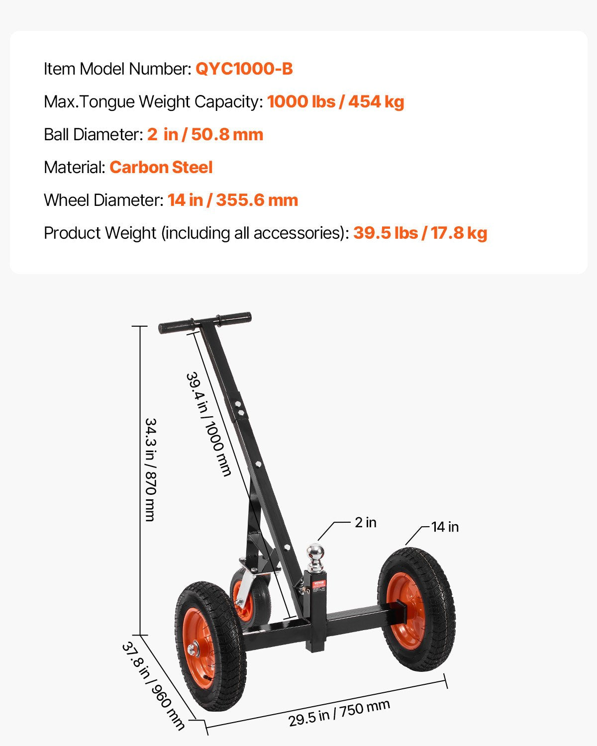 Priekabos stūmiklis VEVOR QYC1000-B, 454 kg keliamoji galia