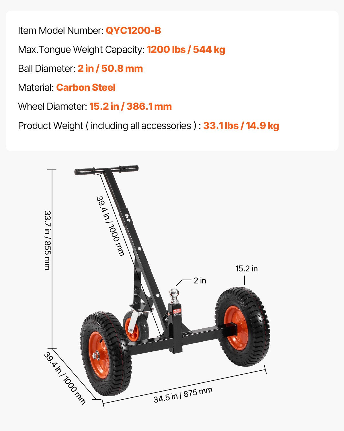 Priekabos perstūmimo vežimėlis VEVOR QYC1200-B, 544 kg keliamoji galia