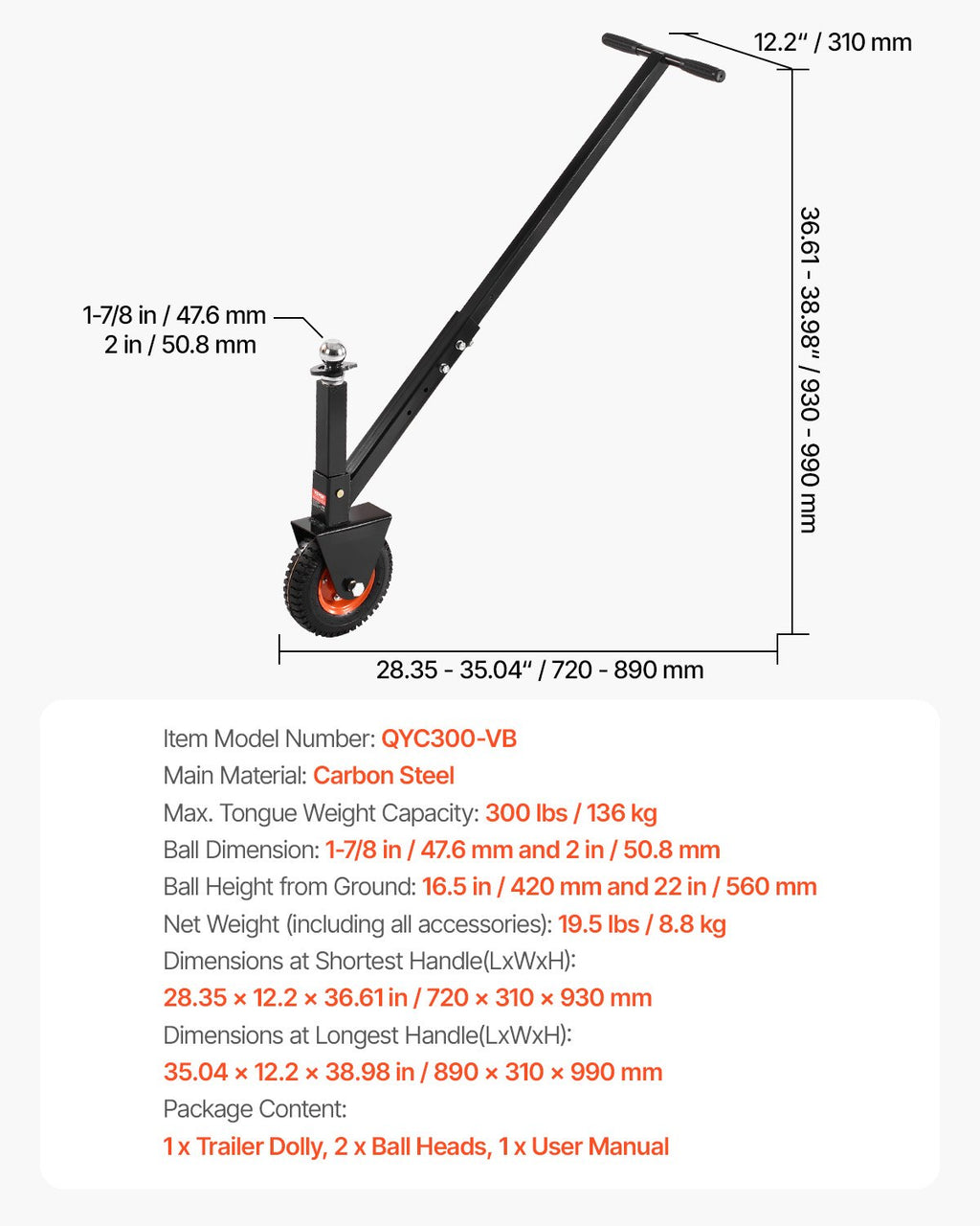 Priekabos perstūmimo vežimėlis VEVOR QYC300-VB, 136 kg keliamoji galia
