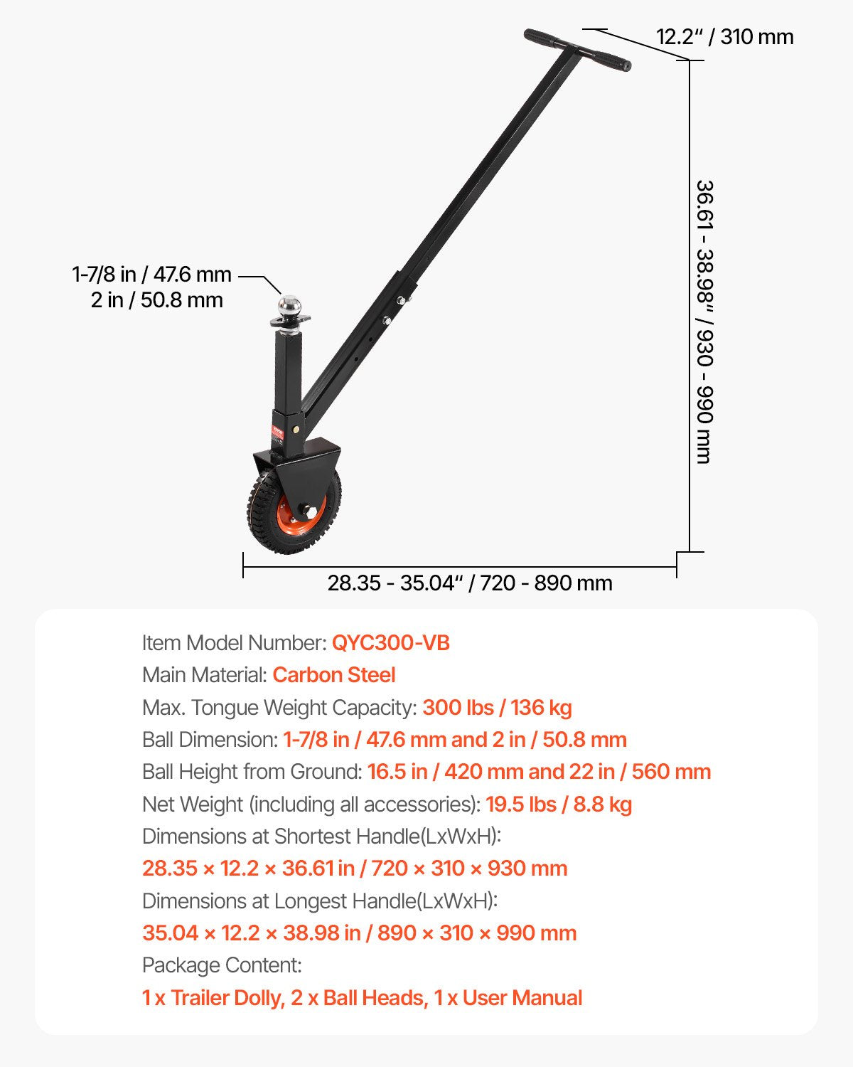 Priekabos perstūmimo vežimėlis VEVOR QYC300-VB, 136 kg keliamoji galia