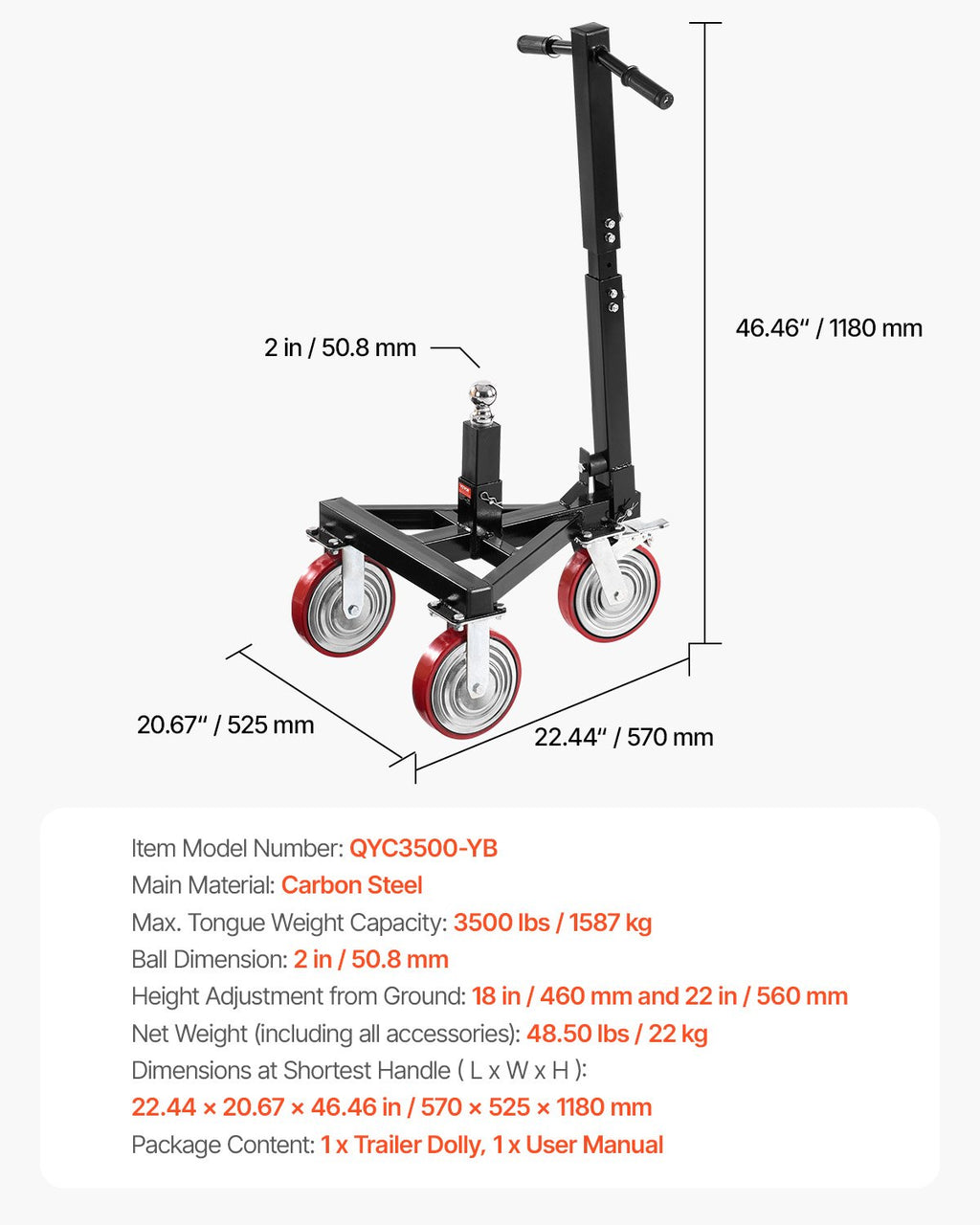 Priekabos perstūmimo vežimėlis VEVOR QYC3500-YB, 1587 kg keliamoji galia