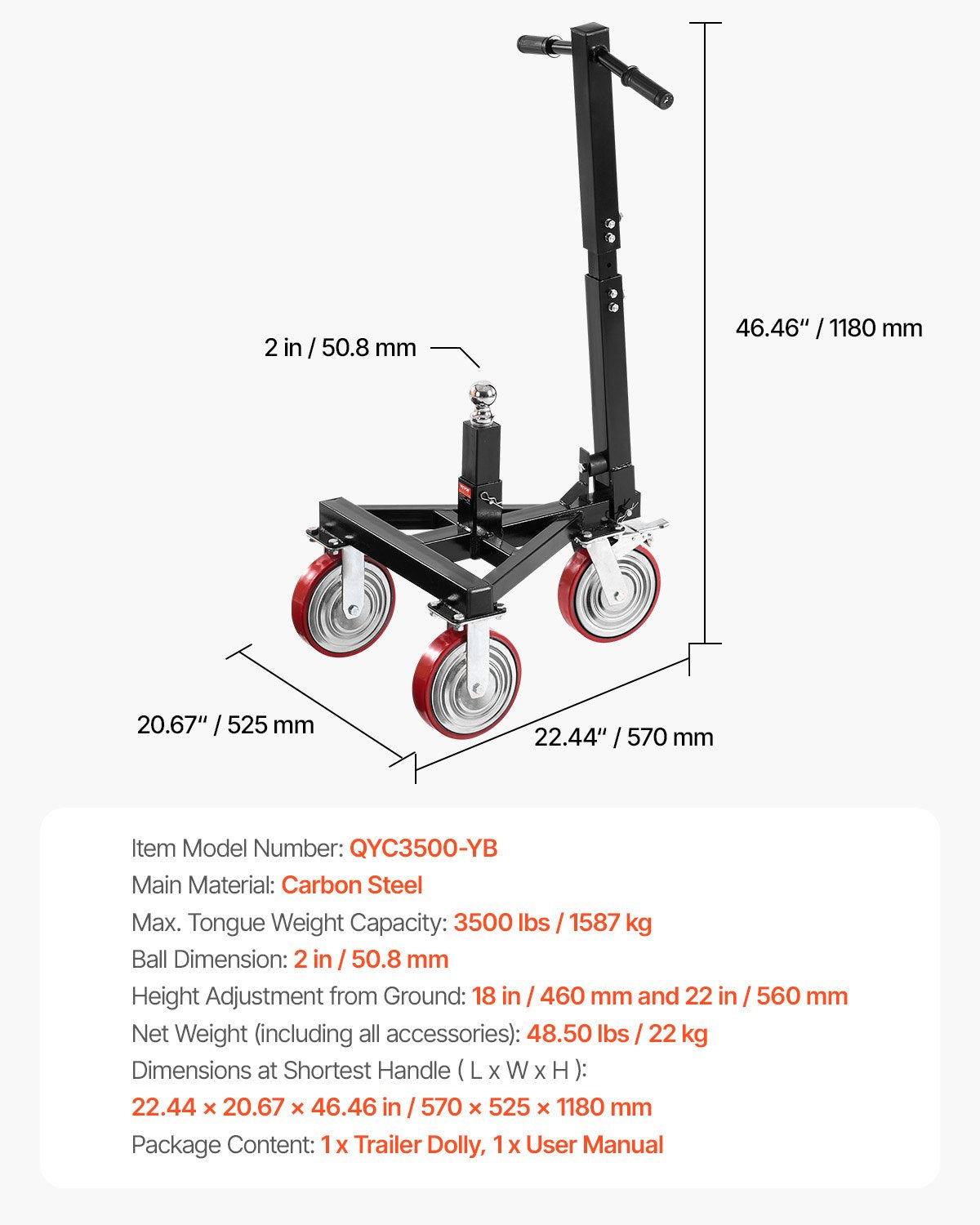 Priekabos perstūmimo vežimėlis VEVOR QYC3500-YB, 1587 kg keliamoji galia
