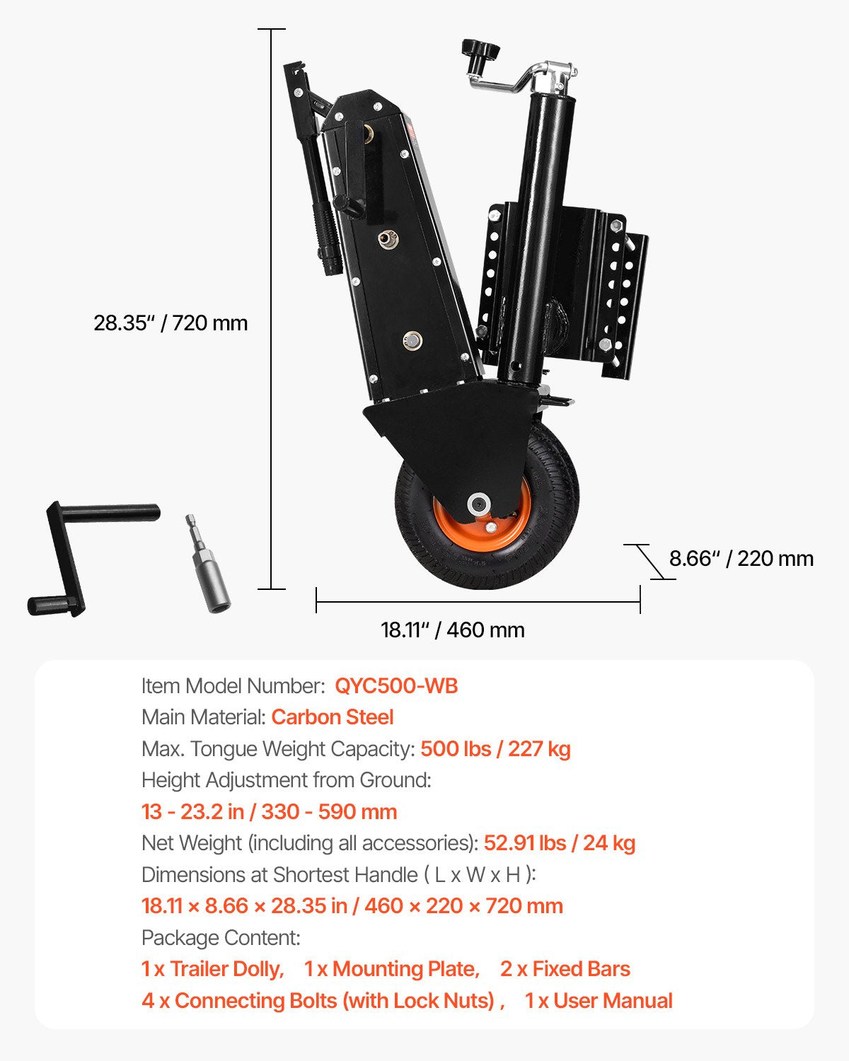 Priekabos perstūmimo vežimėlis VEVOR QYC500-WB, 227 kg keliamoji galia