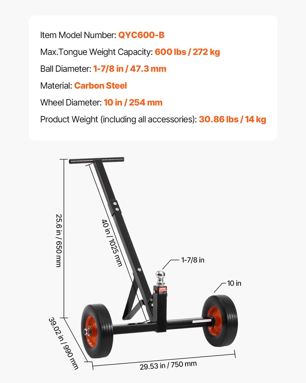Priekabos perstūmimo vežimėlis VEVOR QYC600-B, 272 kg keliamoji galia
