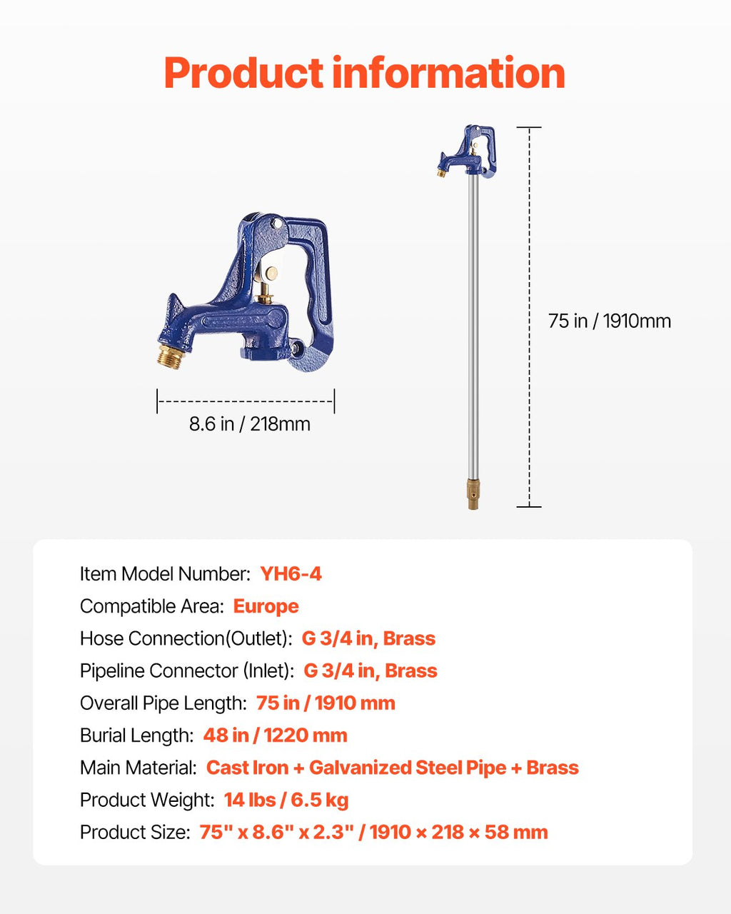Lauko hidrantas VEVOR YH6-4, 122 cm įkasimo gylis