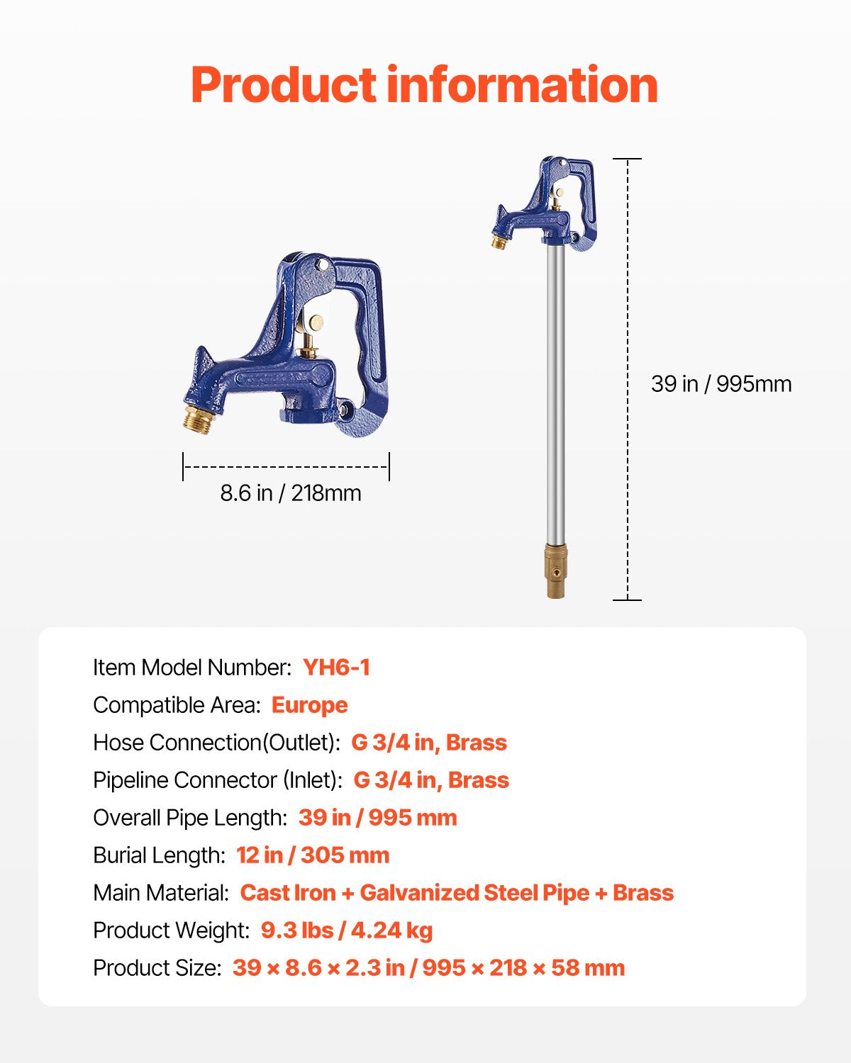 Lauko hidrantas VEVOR YH6-1, 995 mm ilgio