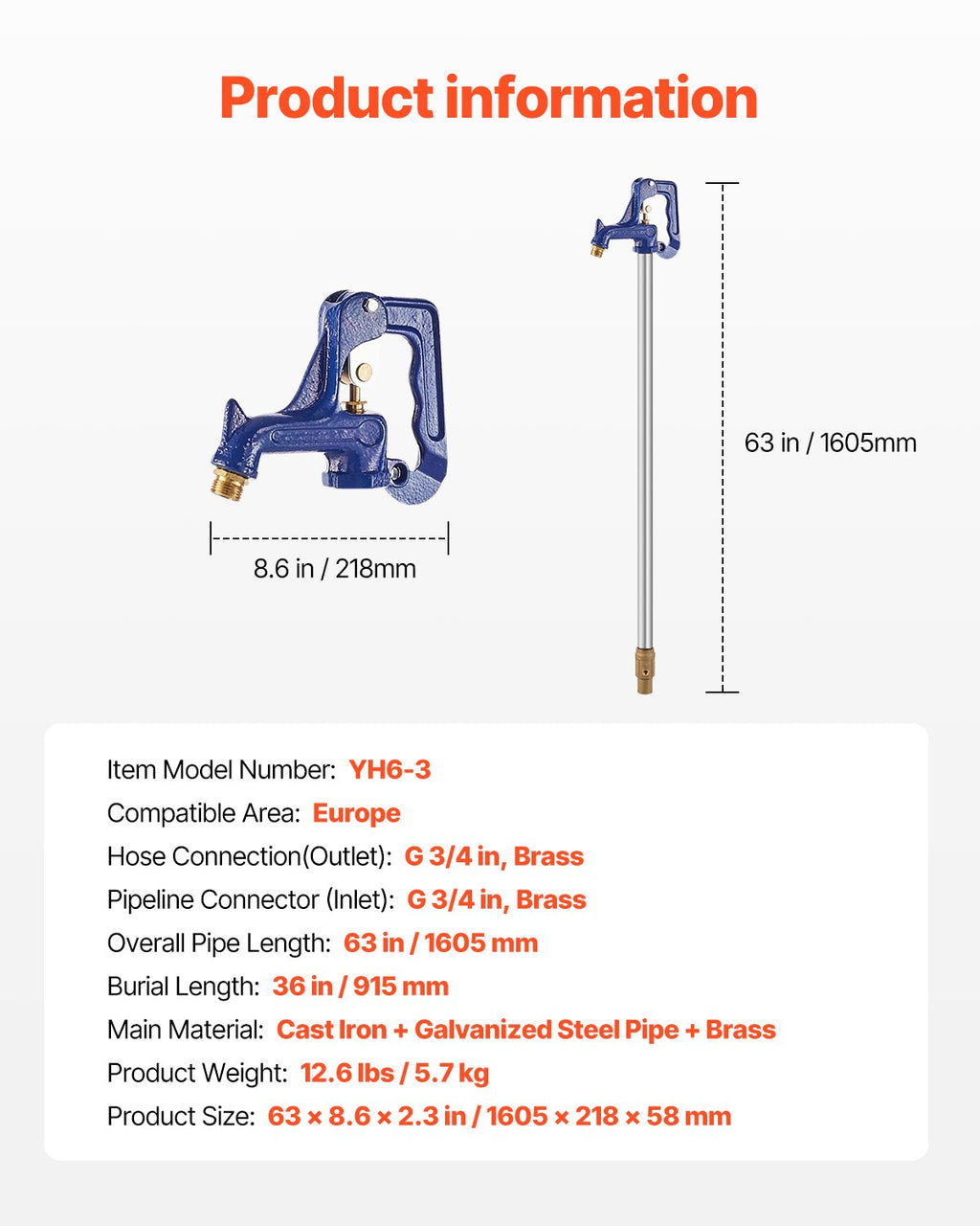 Lauko hidrantas VEVOR YH6-3, 160 cm ilgio