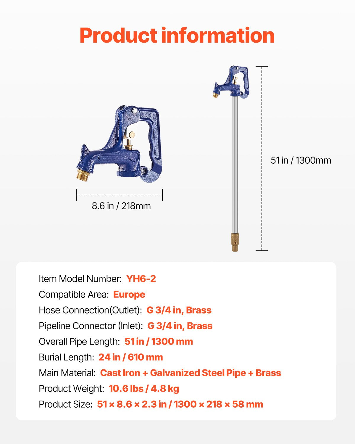 Atsparus šalčiui lauko hidrantas VEVOR YH6-2, 1300 mm ilgio
