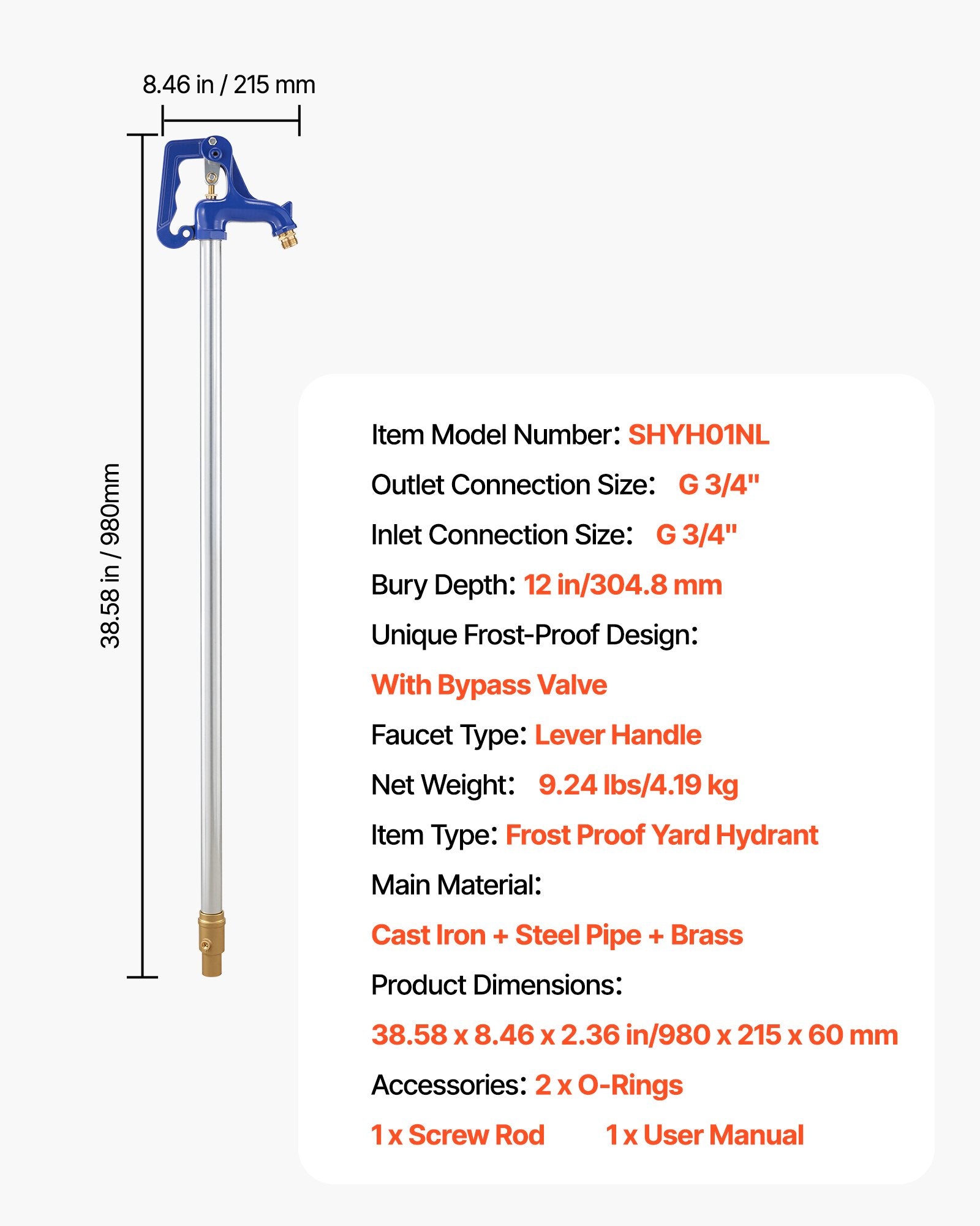 Lauko hidrantas VEVOR SHYH01NL, 305 mm įkasimo gylis