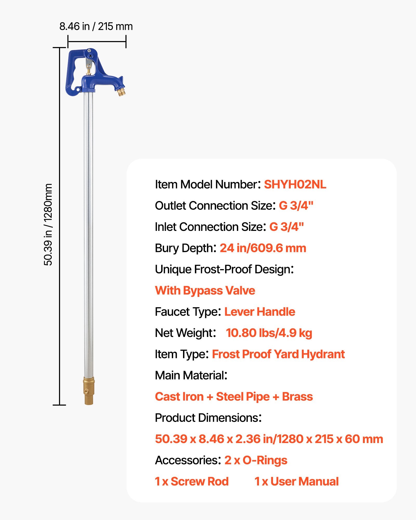 Atsparus šalčiui lauko hidrantas VEVOR SHYH02NL, 609,6 mm įkasimo gylis