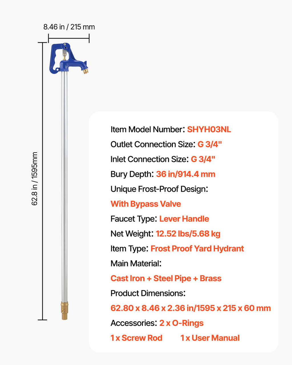 Lauko hidrantas VEVOR SHYH03NL, 914,4 mm įkasimo gylis