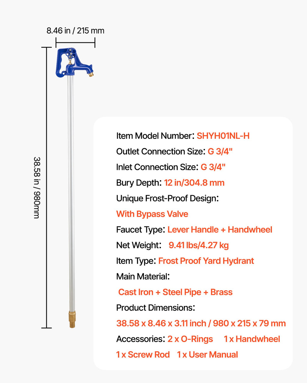 Lauko vandentiekio kolonėlė VEVOR SHYH01NL-H, 980 mm