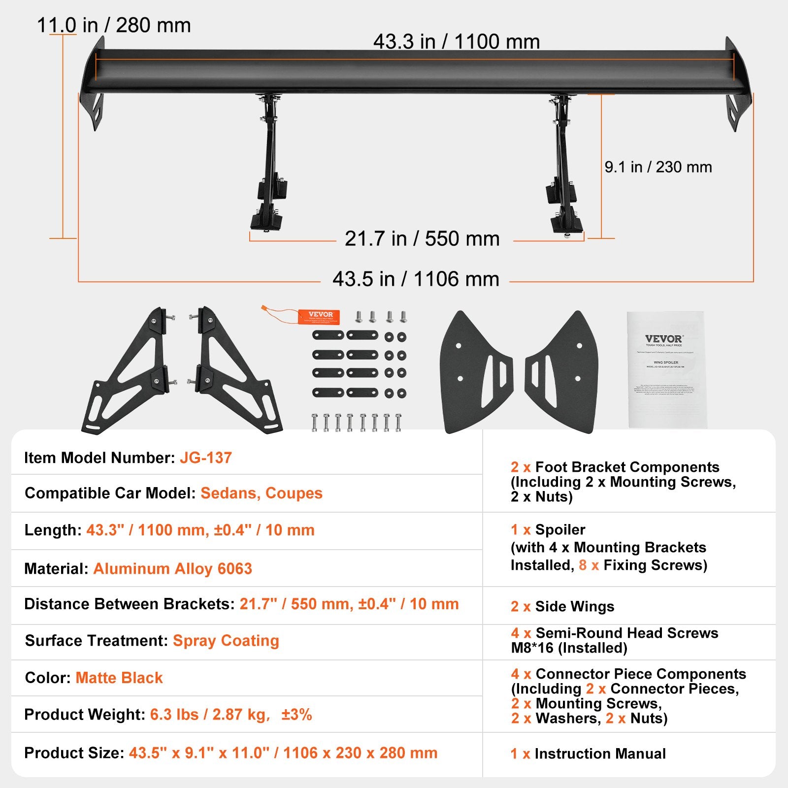 Universalus galinis spoileris VEVOR JG-137, 110 cm