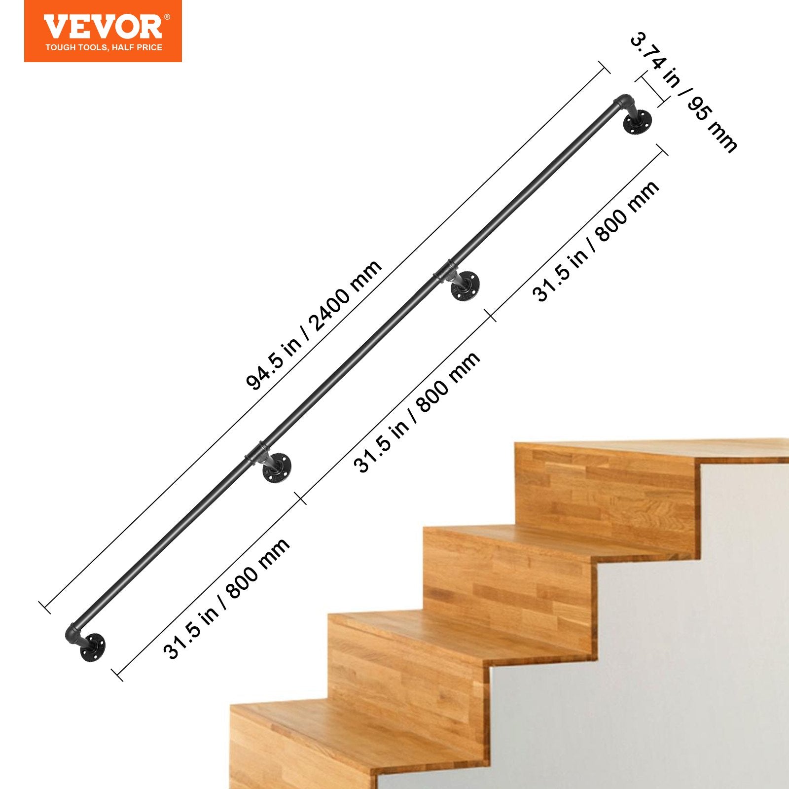 Laiptų turėklas VEVOR VV-GYGFS-HS8YC, 243,8 cm