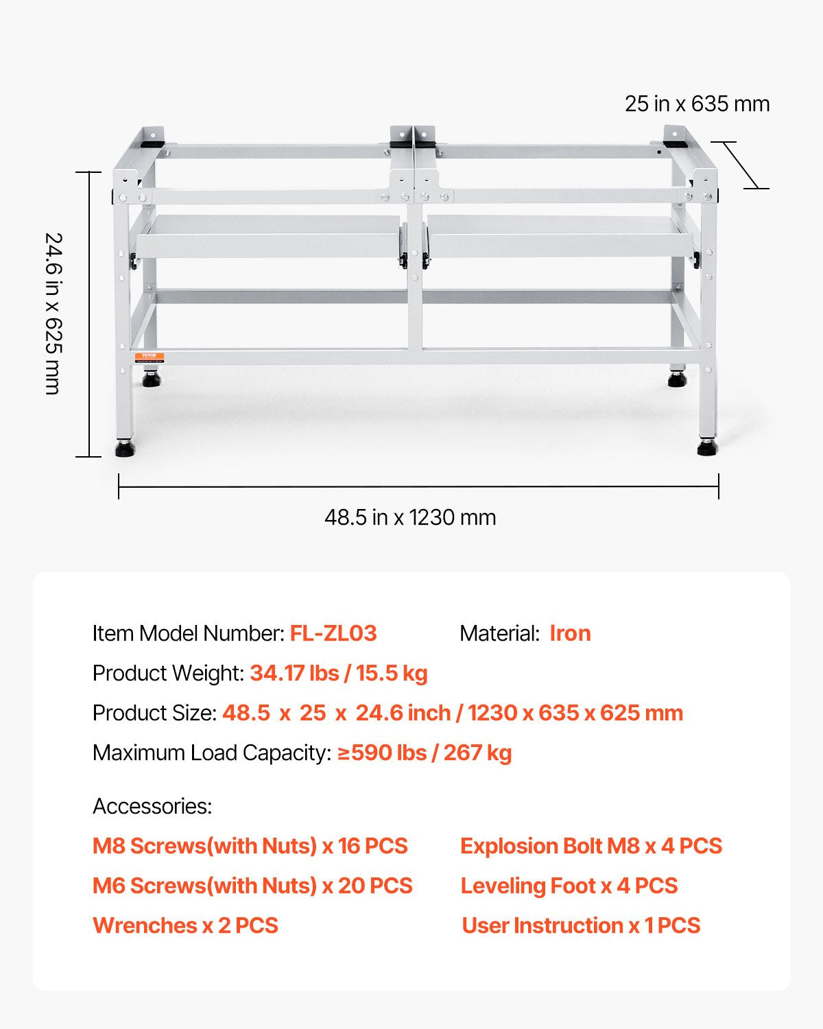 Skalbimo mašinos stovas VEVOR FL-ZL03, 267 kg keliamoji galia