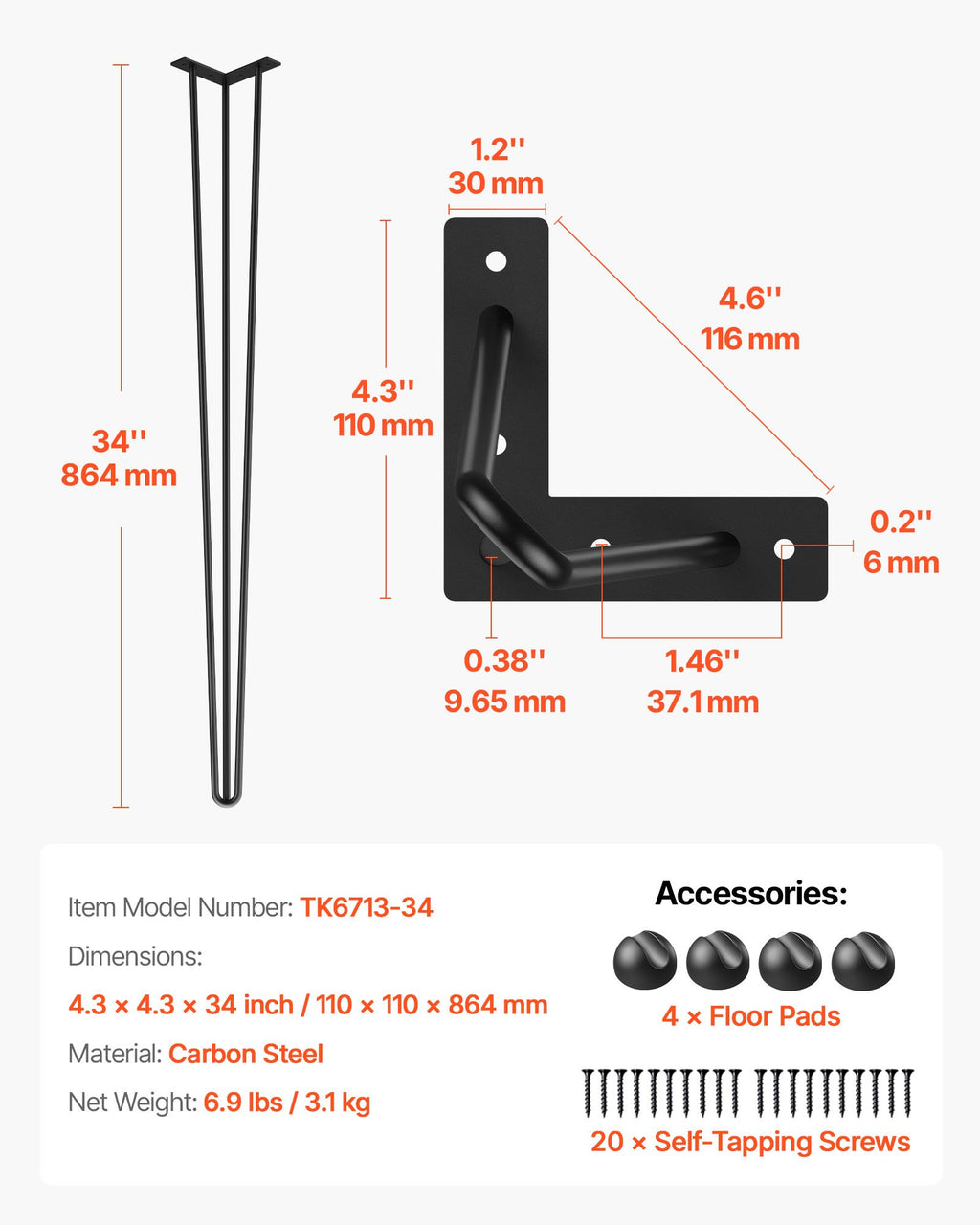 Baldų kojos VEVOR Hairpin, 86,4 cm, 4 vnt. komplektas
