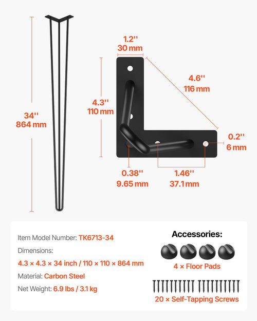 Baldų kojos VEVOR Hairpin, 86,4 cm, 4 vnt. komplektas