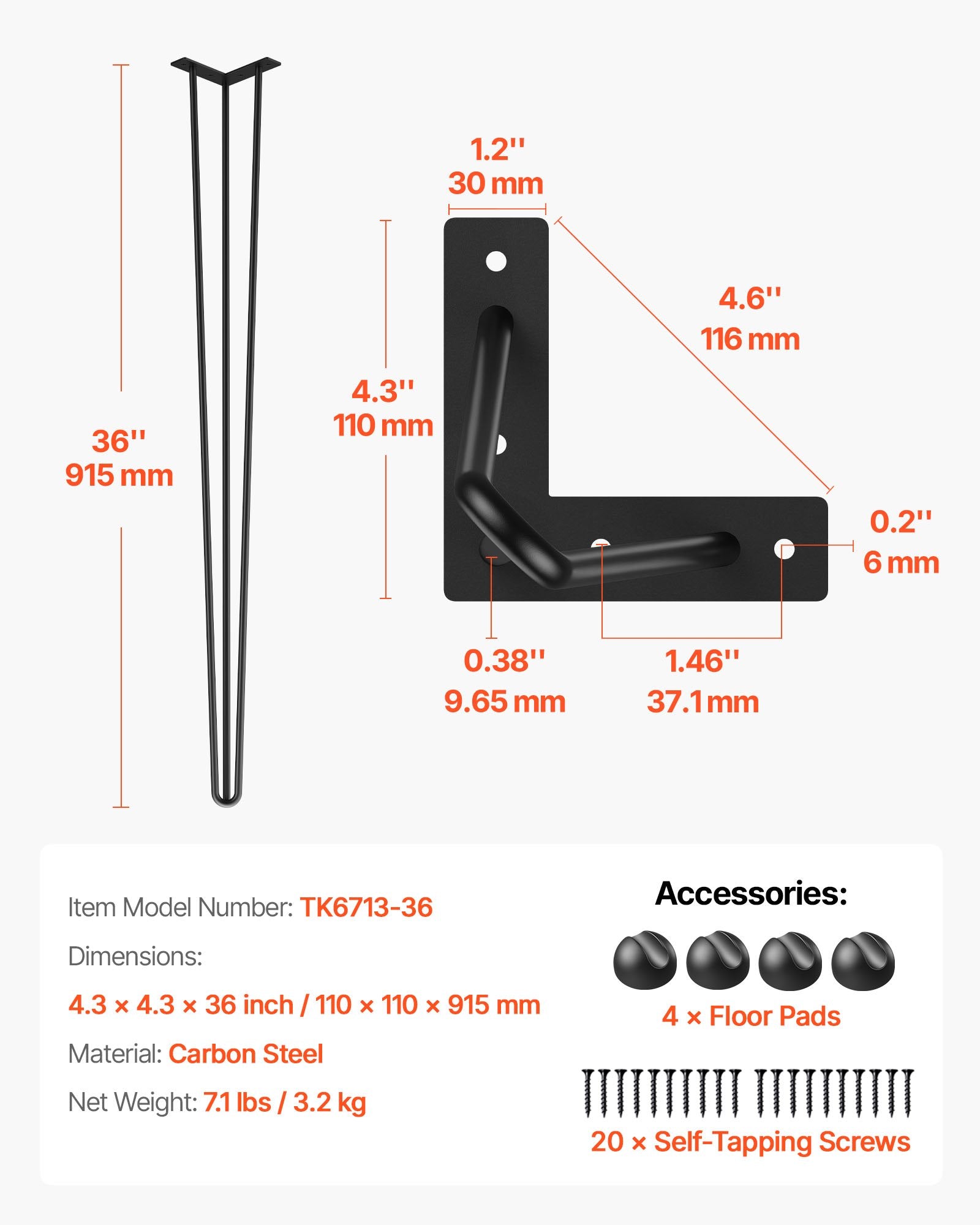 Hairpin tipo stalo kojos VEVOR, 91,4 cm aukščio