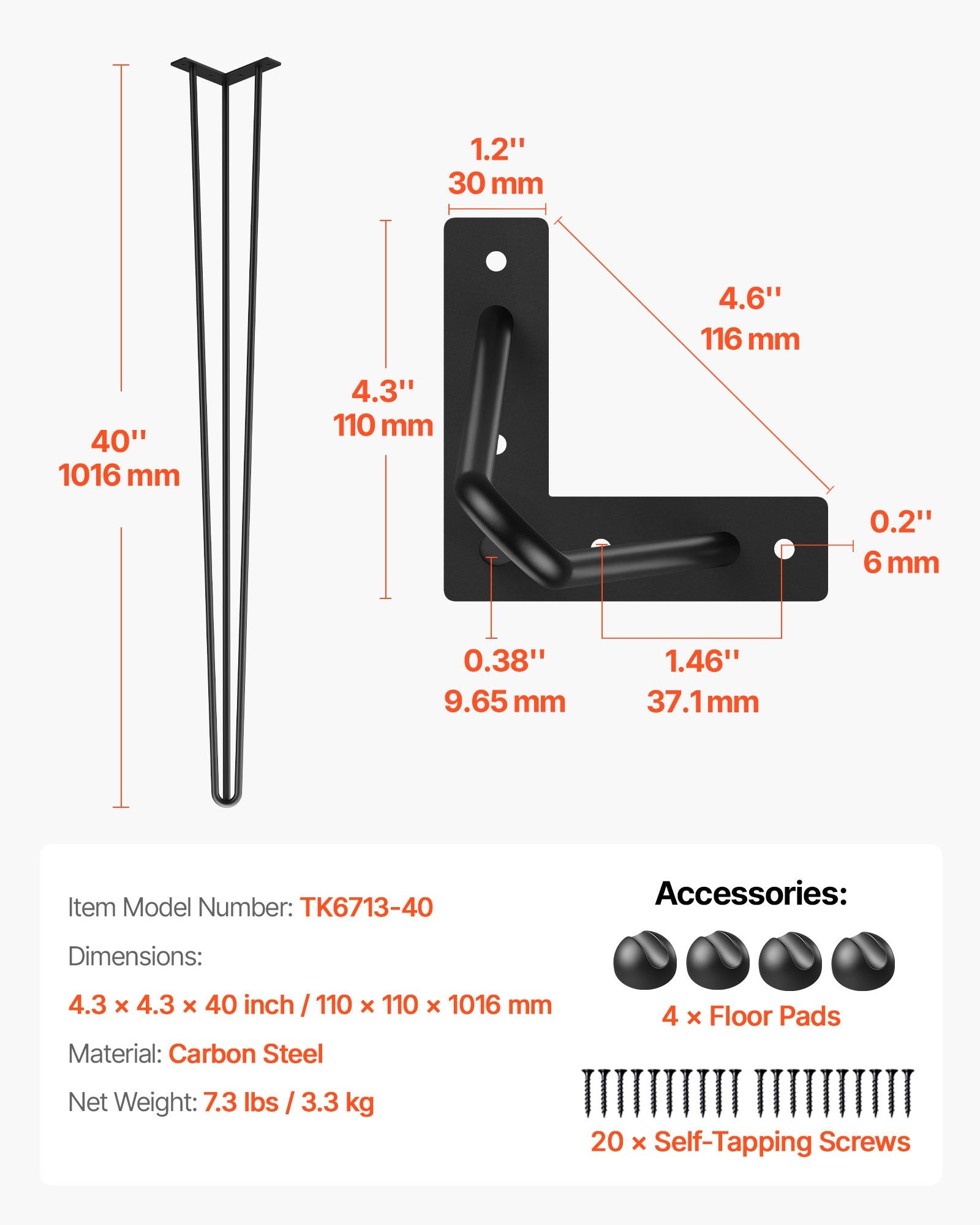 Hairpin tipo stalo kojos VEVOR 101,6 cm (4 vnt.), 100 kg apkrova