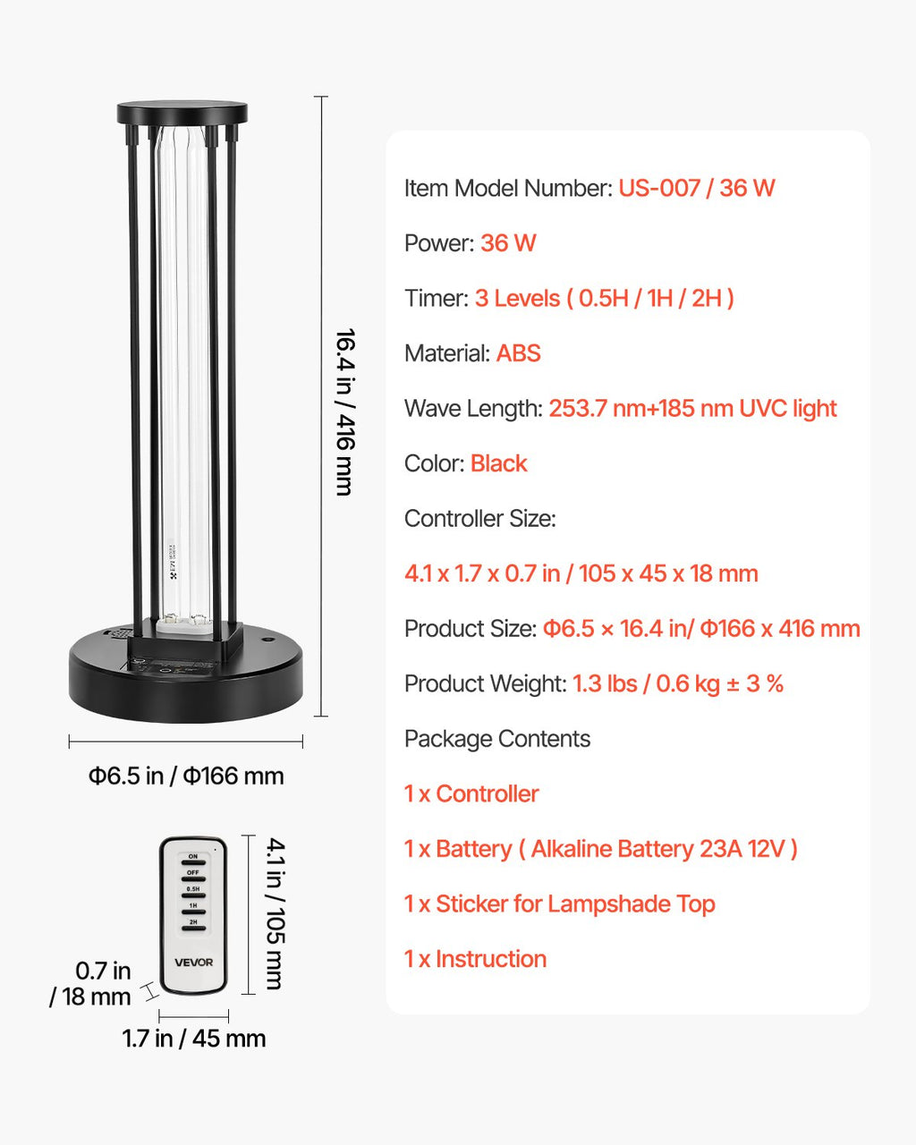 UV lempa su ozono generatoriumi VEVOR US-007/36W, 36W