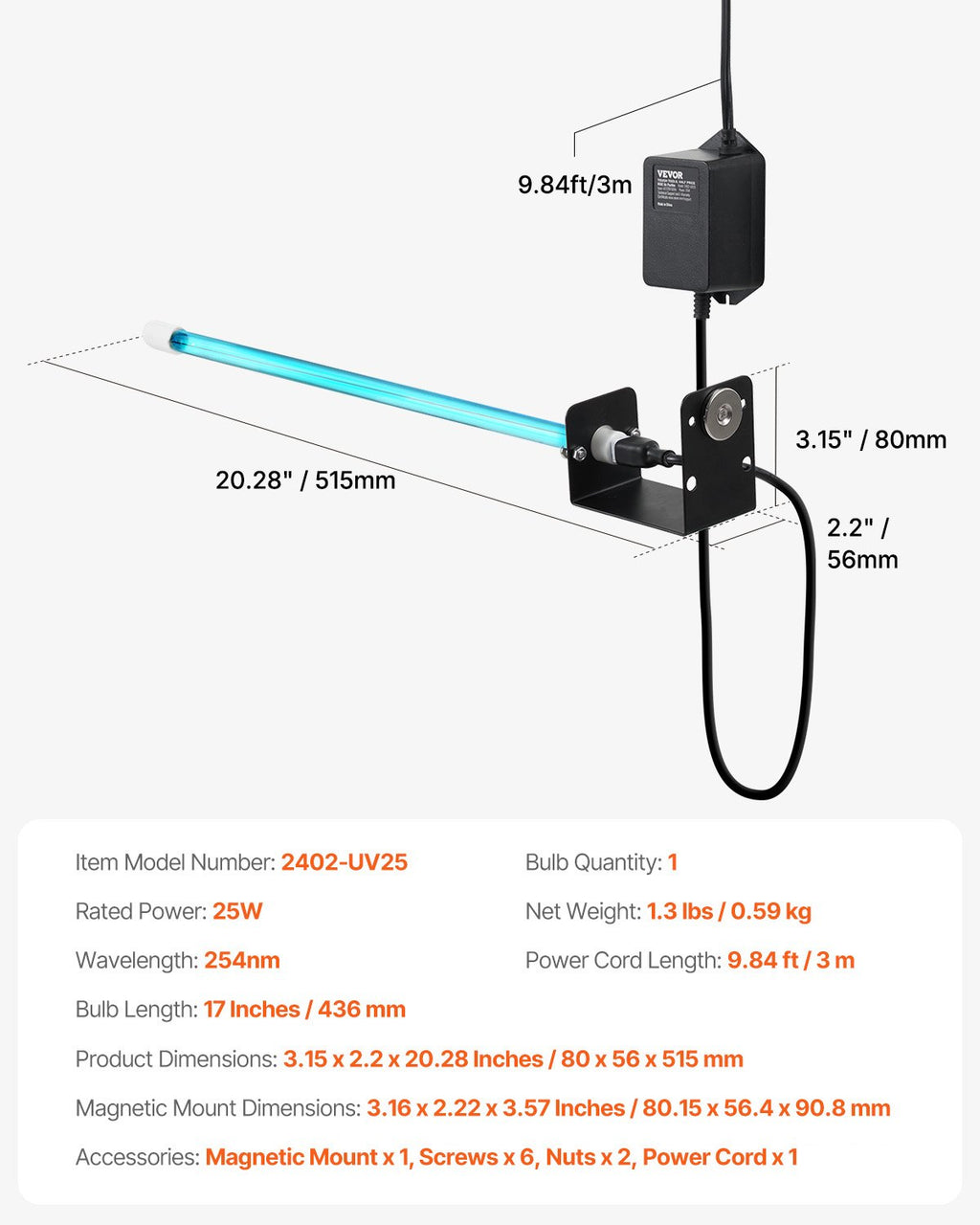 ŠVOK oro valytuvas VEVOR 2402-UV25, 25 W