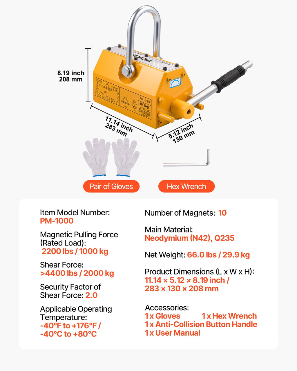 Magnetinis kėliklis VEVOR PM-1000, 1000 kg
