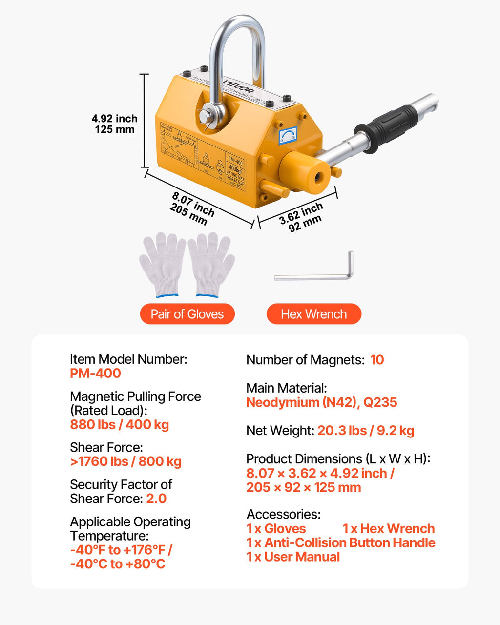 Magnetinis kėliklis VEVOR PM-400, 400 kg
